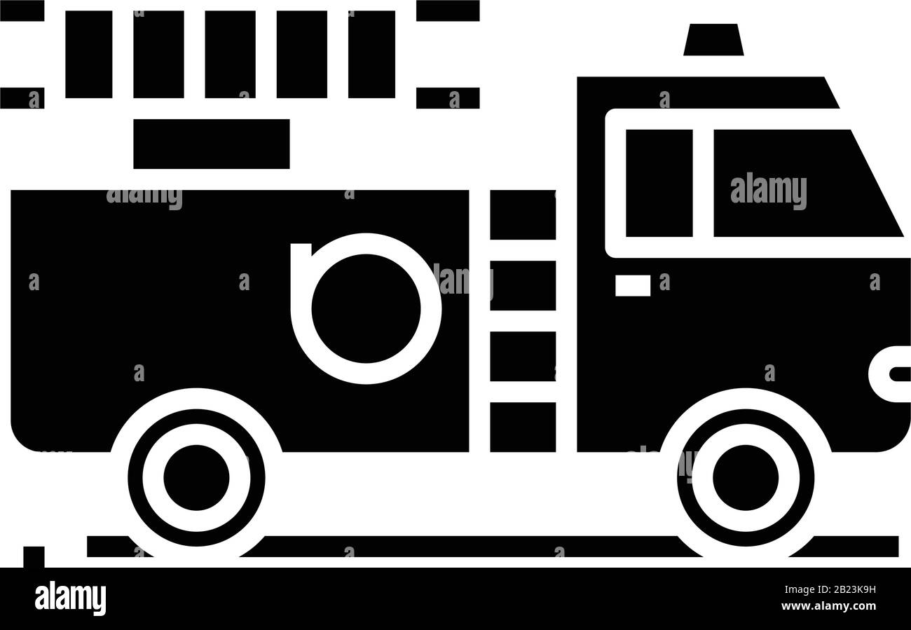 Icona nera del camion antincendio, illustrazione concettuale, simbolo piatto vettoriale, simbolo glifo. Illustrazione Vettoriale