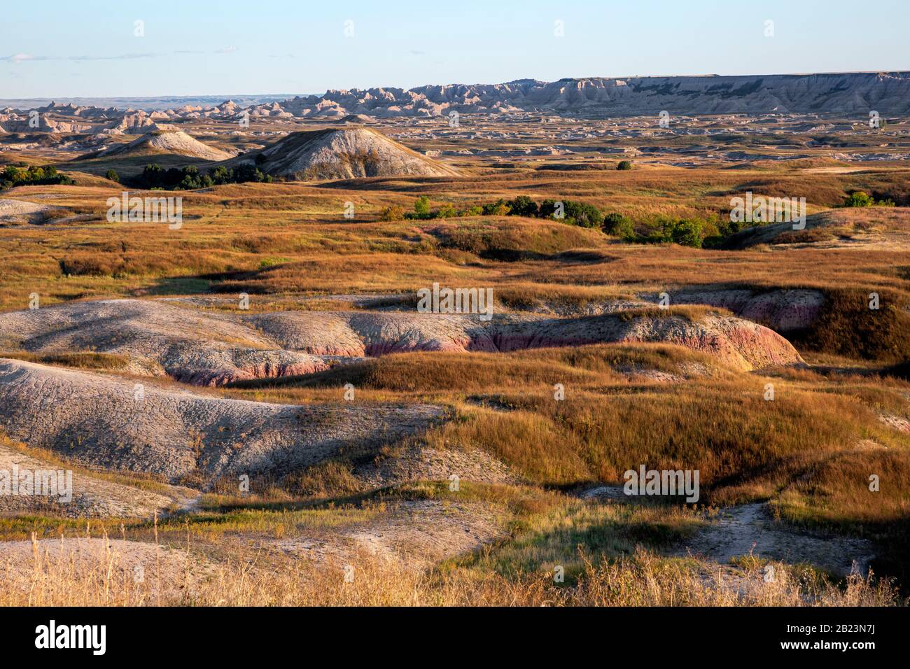 SD00249-00...SOUTH DAKOTA - Vista delle terre delle praterie e delle montagne e delle guglie di Badlands dalla strada del bordo di Sage Creek nel Parco Nazionale di Badlands. Foto Stock