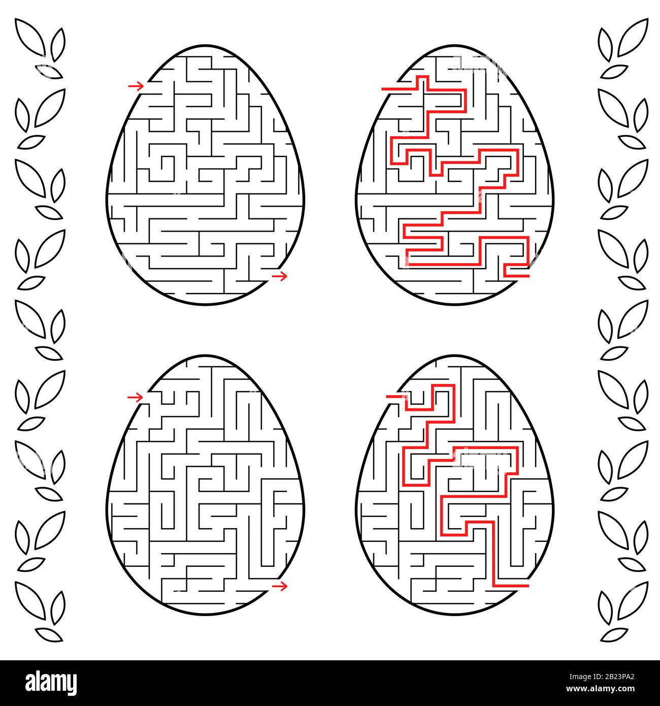 Una serie di labirinti sotto forma di uova. Corsa Nera. Un gioco per bambini. Con la risposta. Semplice illustrazione vettoriale piatta isolata su backgro bianco Illustrazione Vettoriale