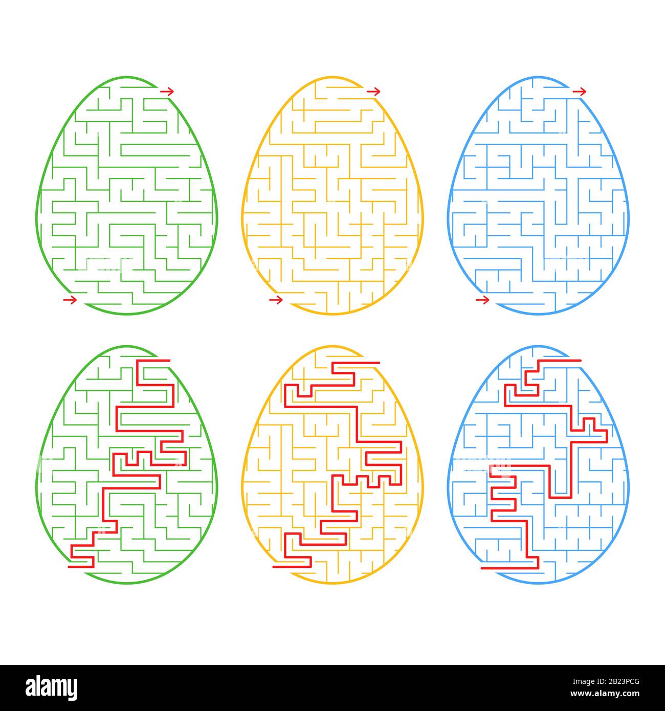 Una serie di labirinti sotto forma di uova. Un tratto di colori diversi. Un gioco per bambini. Con la risposta. Semplice illustrazione vettoriale piatta isolata Illustrazione Vettoriale