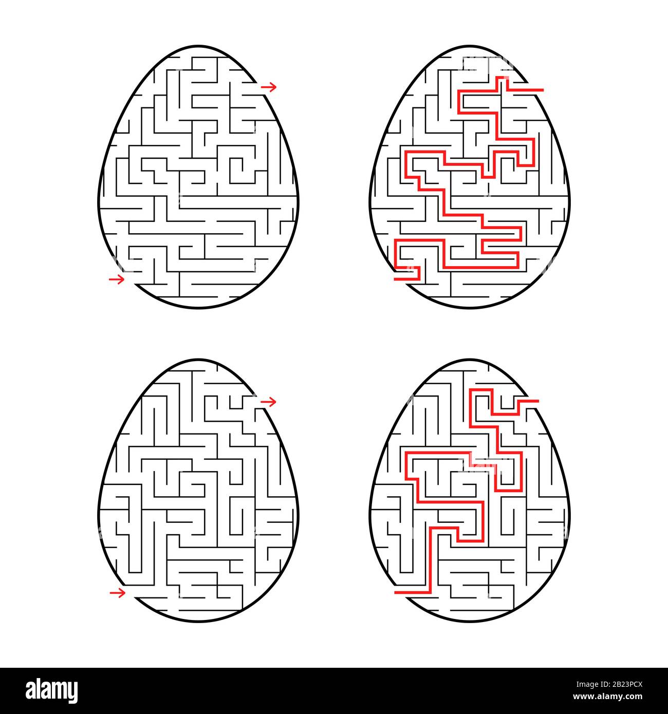 Una serie di labirinti sotto forma di uova. Corsa Nera. Un gioco per bambini. Con la risposta. Semplice illustrazione vettoriale piatta isolata su backgro bianco Illustrazione Vettoriale