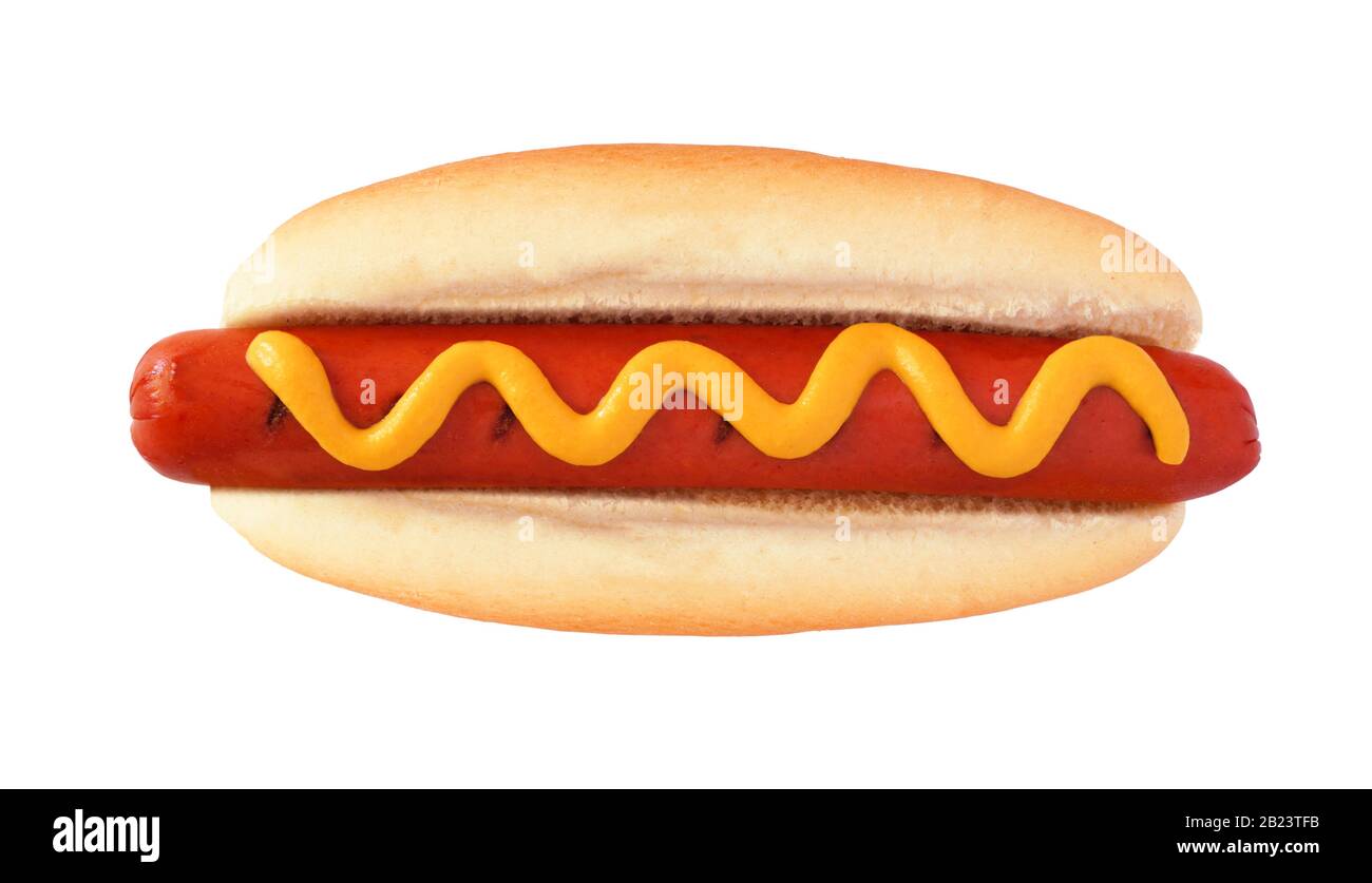 Hot dog con senape, vista dall'alto isolato su sfondo bianco Foto Stock