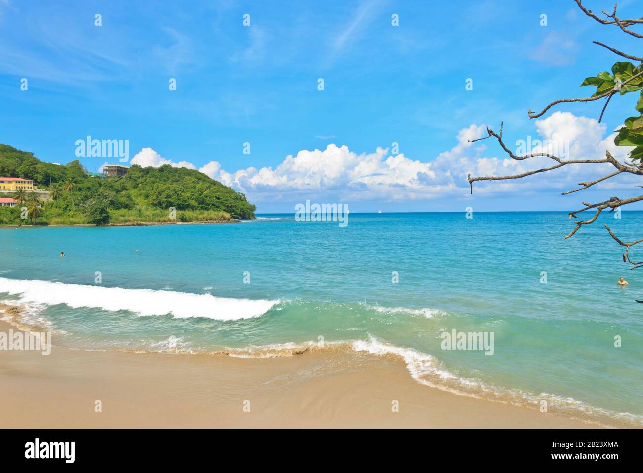 Incantevole, invitante acqua acquamarina che riflette il cielo blu a Vigie Beach in una luminosa giornata di sole, goduta da un mare turistico con un fondo verde Foto Stock