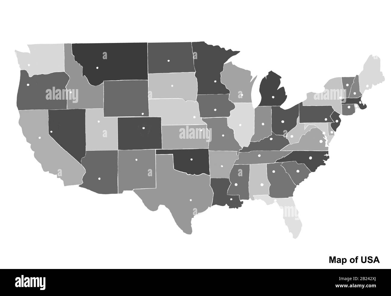 Mappa degli Stati Uniti con regioni e città. Illustrazione grafica in bianco e nero con mappa degli Stati Uniti. Mappa americana con regioni. Mappa con colori grigi astratti. Foto Stock