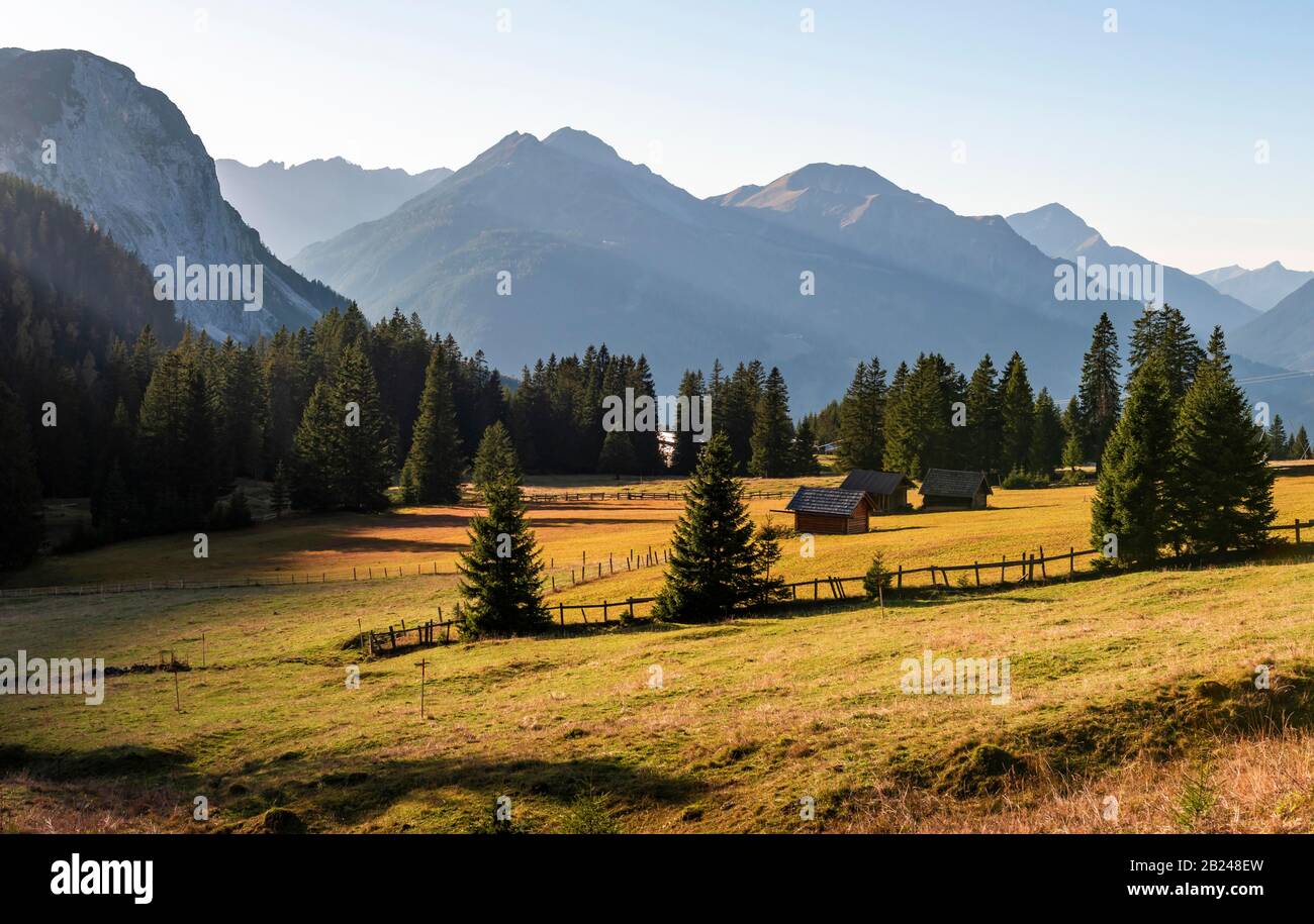 Rifugi alpini in un prato, paesaggio alpino, Ehrwalder Alm, Mieminger Kette, Tirolo, Austria Foto Stock