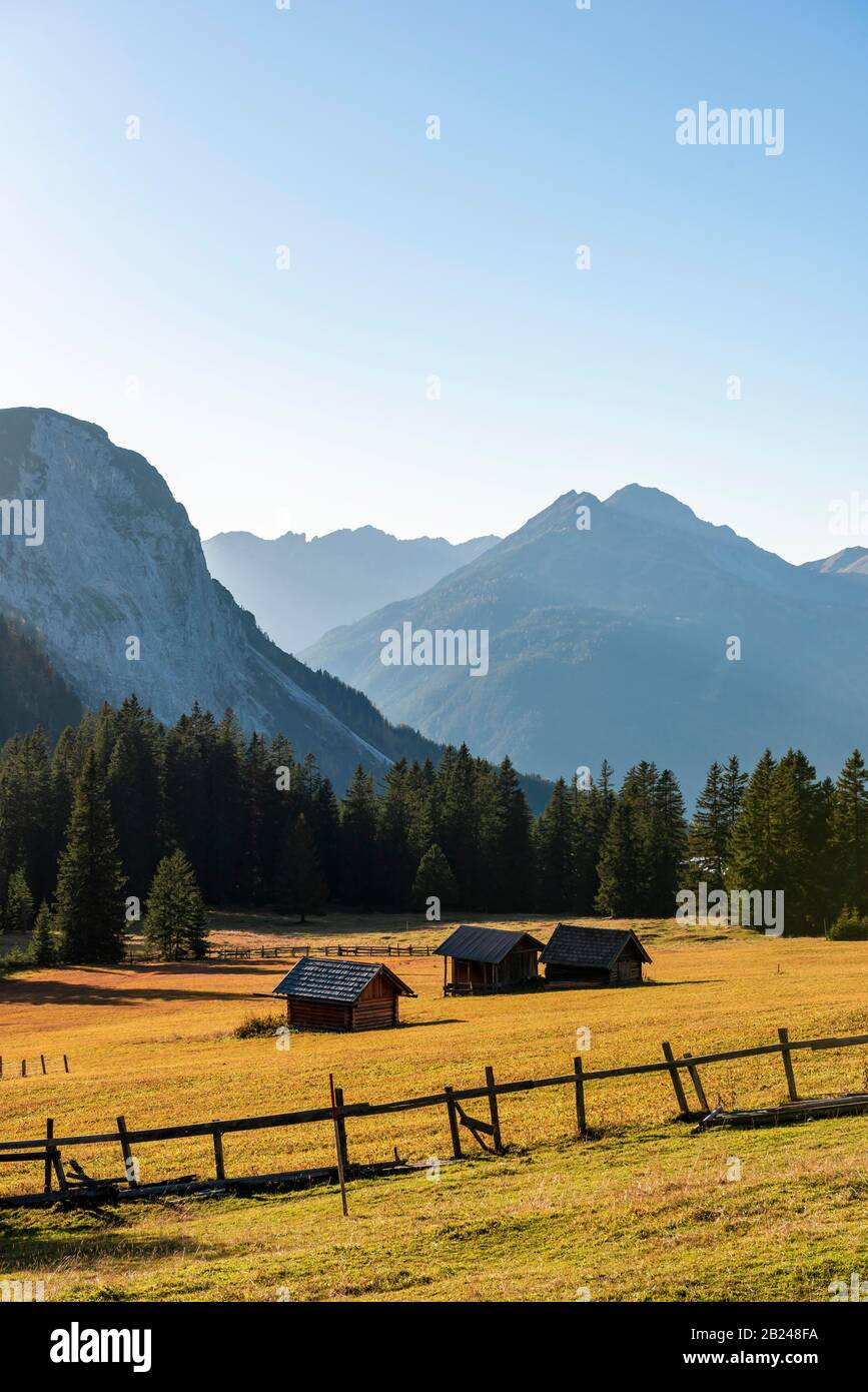 Rifugi alpini in un prato, paesaggio alpino, Ehrwalder Alm, Mieminger Kette, Tirolo, Austria Foto Stock
