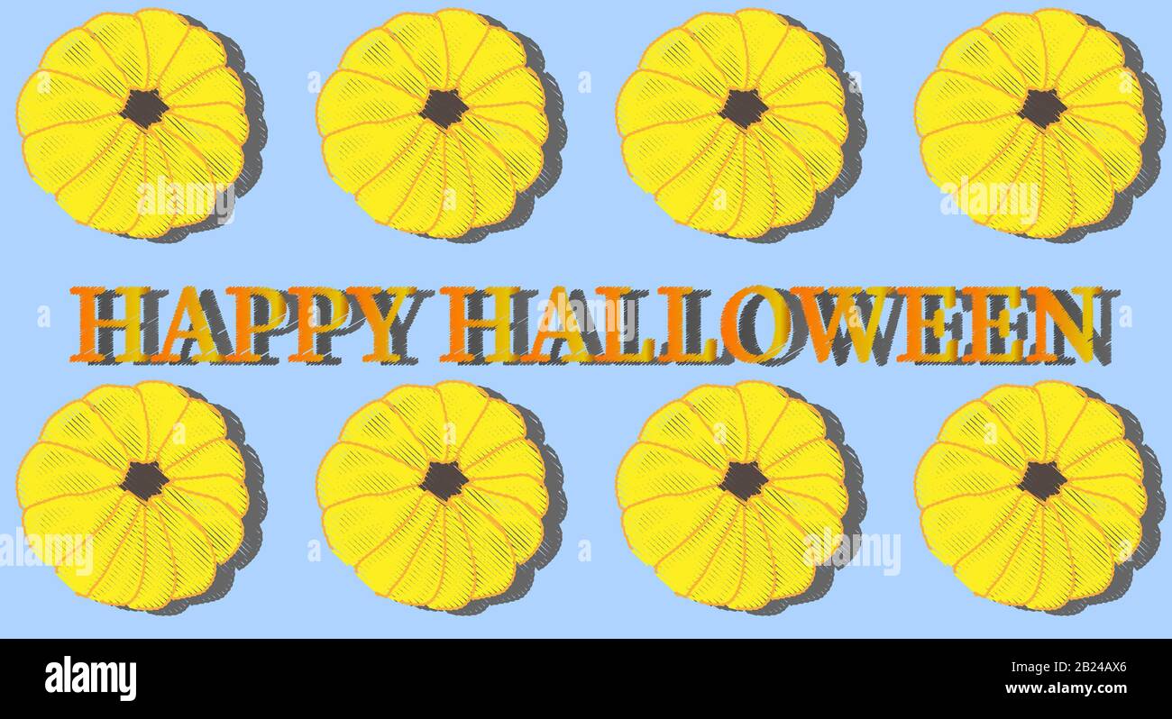 otto zucche gialle e l'iscrizione happy halloween in arancione su sfondo blu Foto Stock