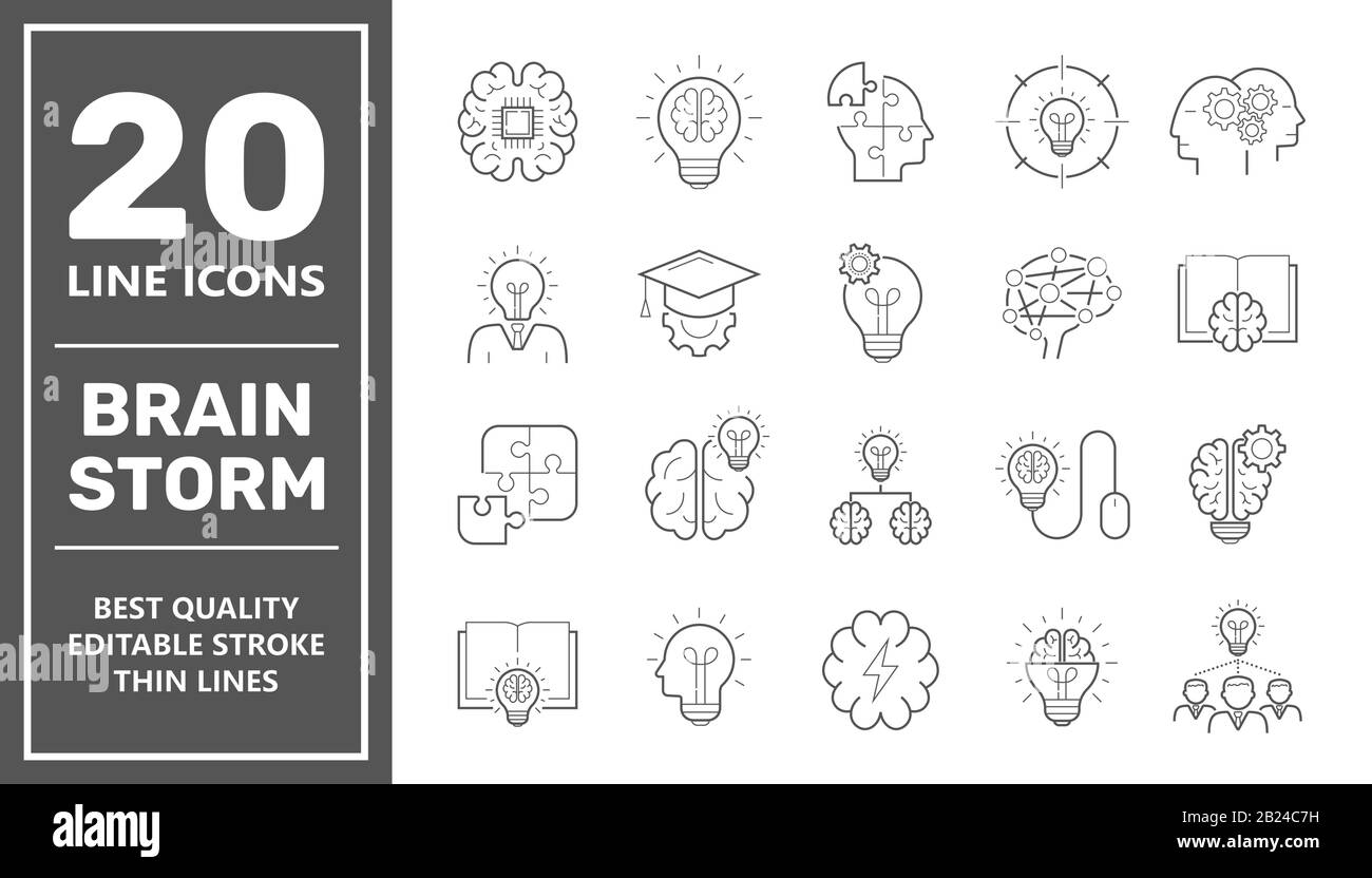 Set di icone della linea di brainstorming. Insieme di icone di brainstorming come luce artificiale, cervello, lampadina, creatività, brainstorming, cervello, creatività, romanzo Illustrazione Vettoriale