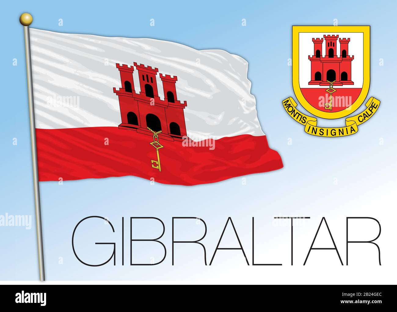 Bandiera nazionale ufficiale di Gibilterra e stemma, paese europeo, amministrazione vettoriale Illustrazione Vettoriale