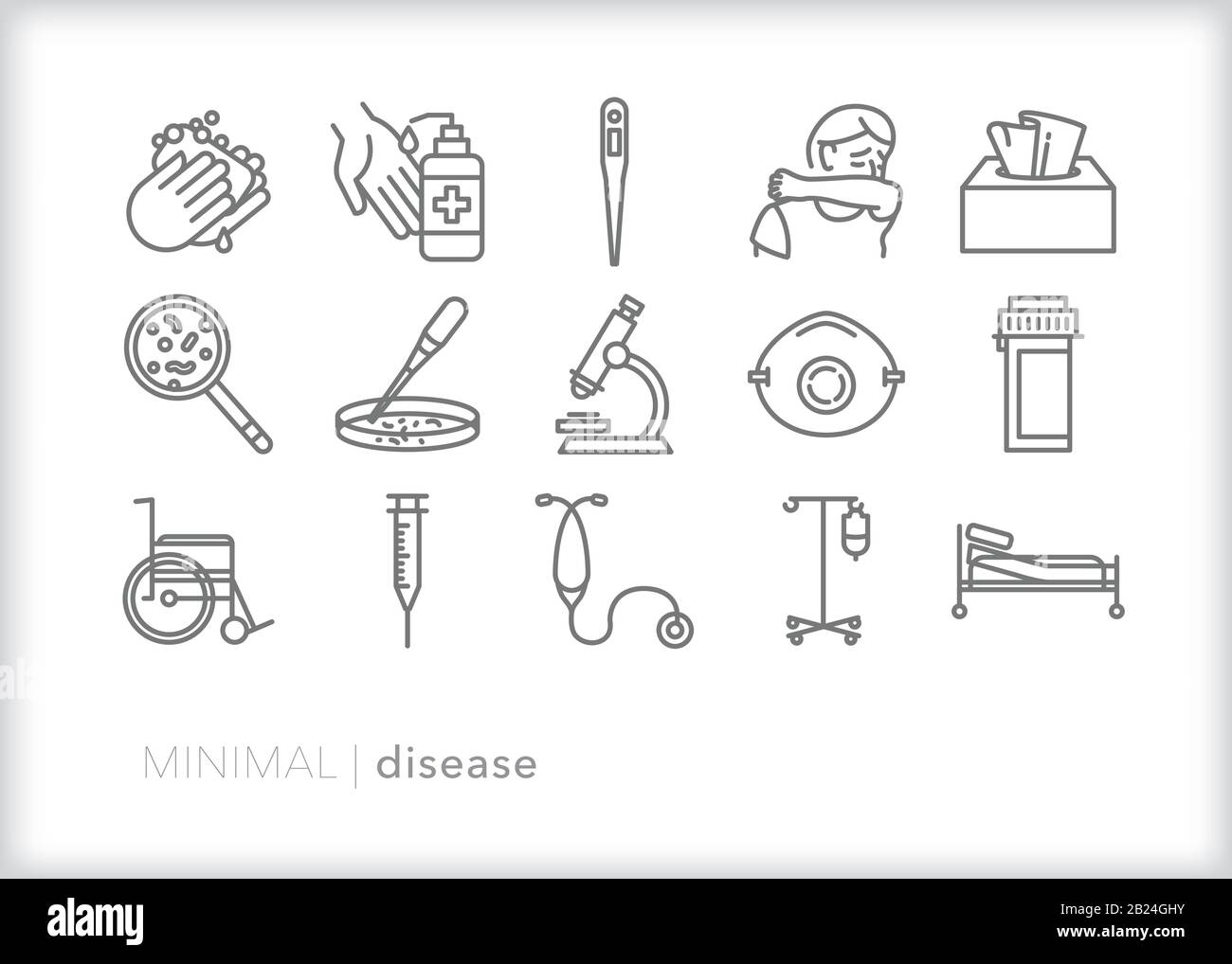 Serie di 15 icone della linea di malattie dei sintomi del raffreddore e dell'influenza, tra cui tosse e starnuti, nonché ricerca per sviluppare vaccini per il contagio o l'epidemia Illustrazione Vettoriale