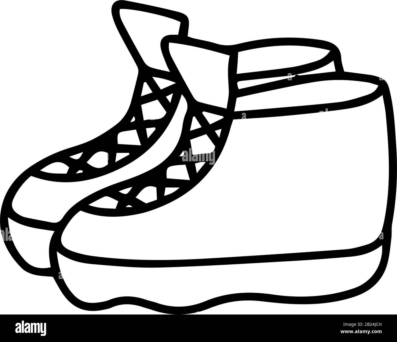 Scarpe da trekking o sneakers in stile doodle isolato su sfondo bianco. Icona del segno. Illustrazione del contorno del vettore. Elemento decorativo. Scarpe per camminare, Illustrazione Vettoriale
