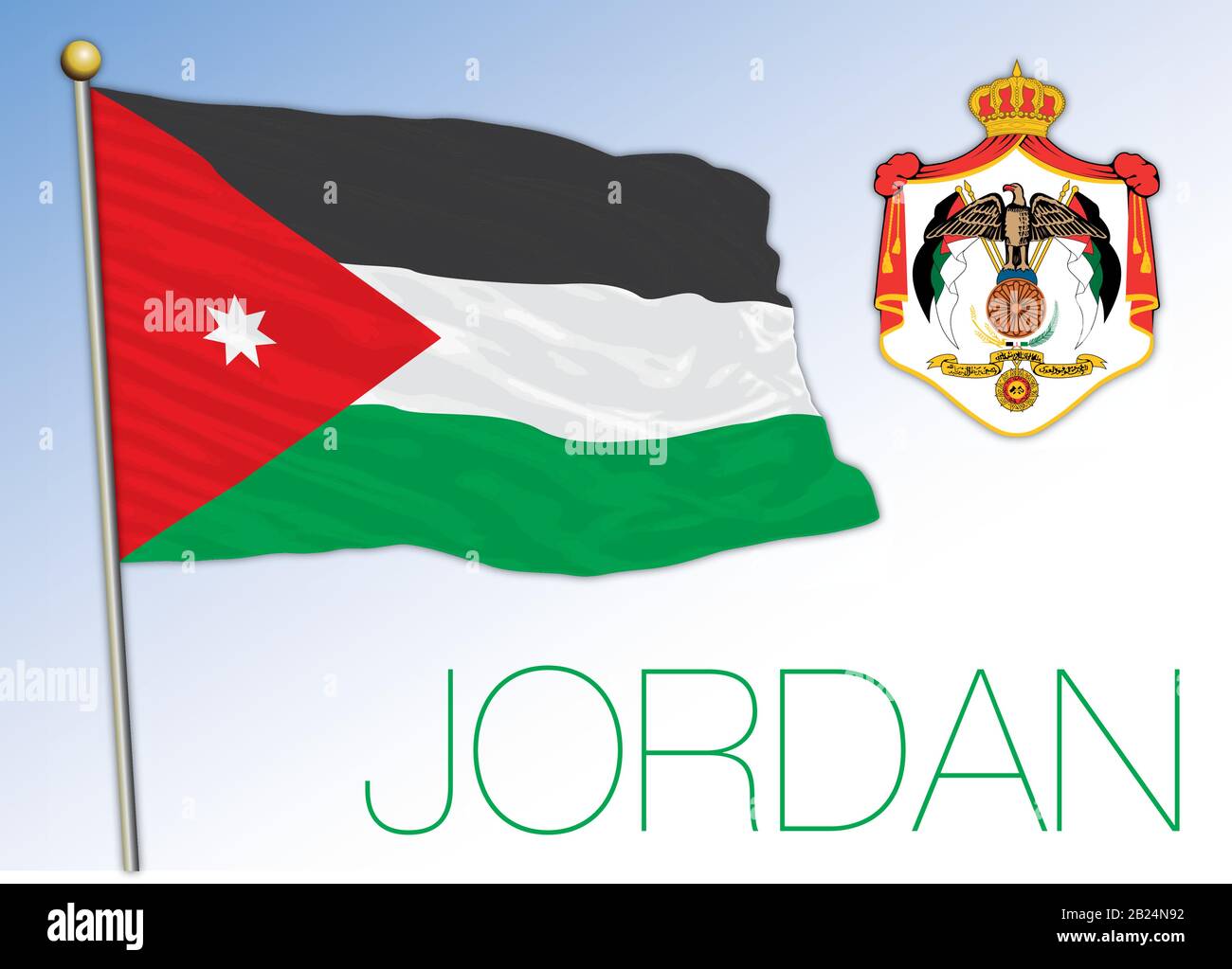 Regno di Giordania bandiera ufficiale nazionale e stemma, paese medio-orientale, illustrazione vettoriale Illustrazione Vettoriale