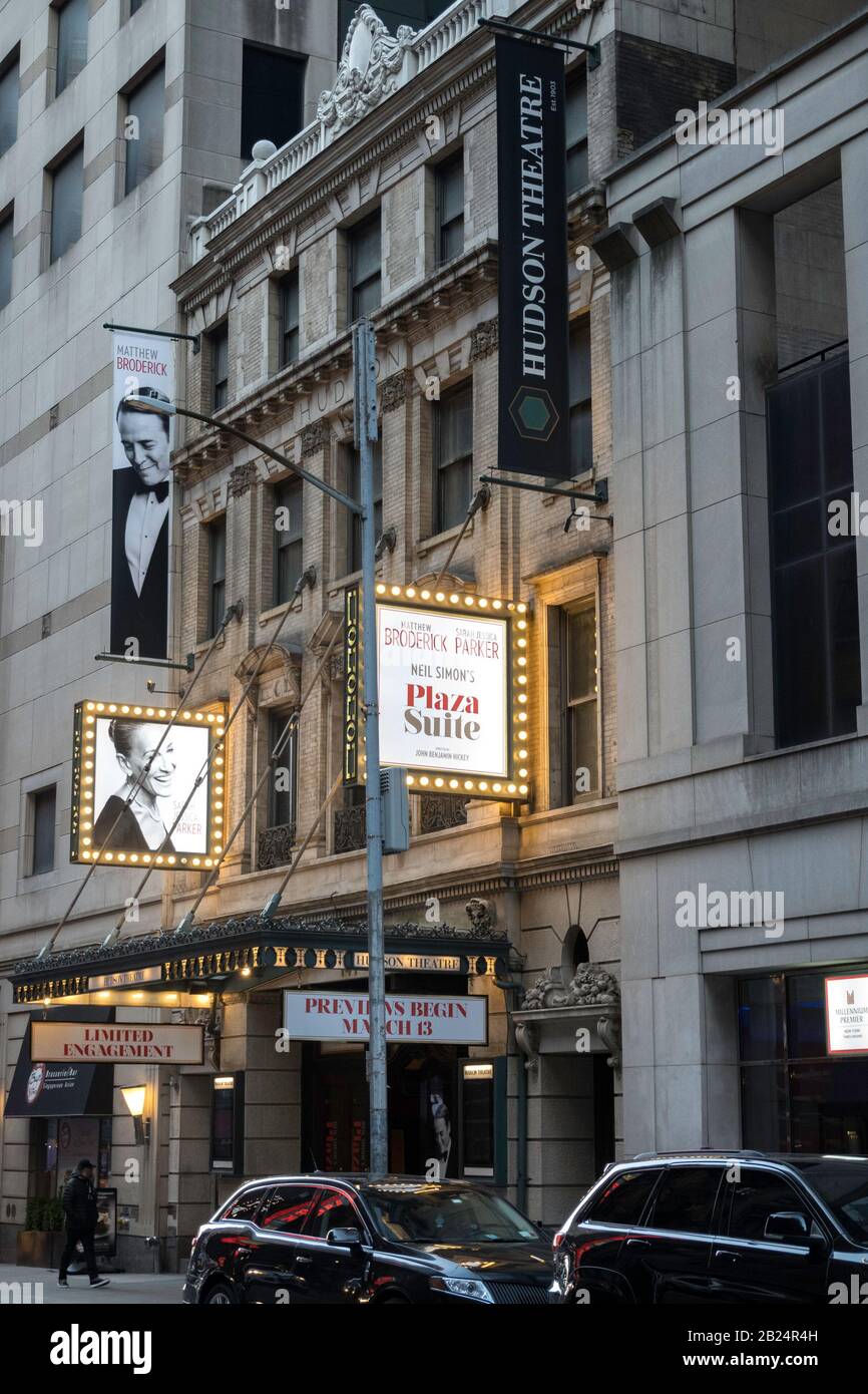 Hudson Theatre Marquee 'Plaza Suite' al Millennium Broadway Hotel, NYC USA Foto Stock