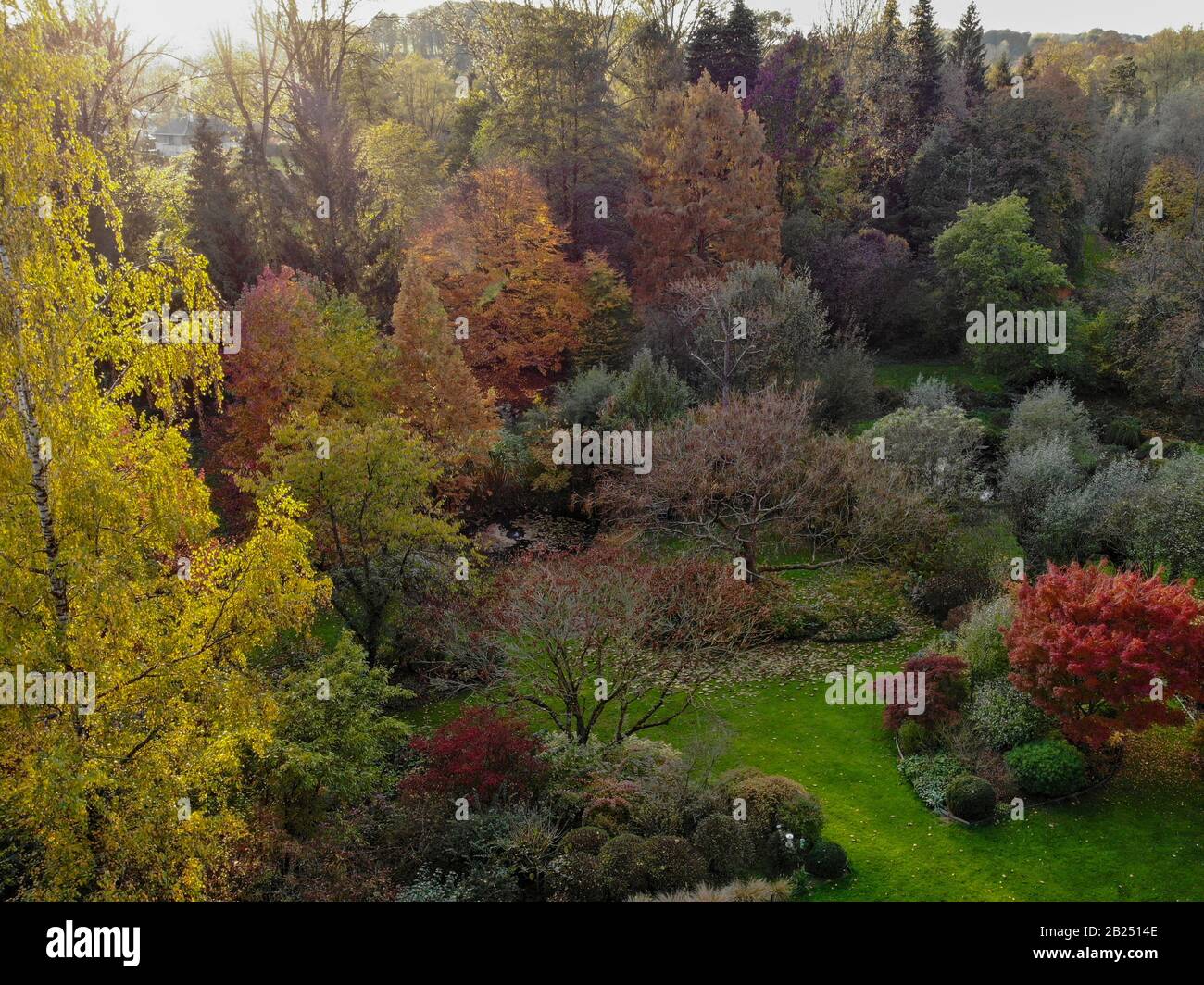 Vista aerea dello splendido giardino durante la stagione autunnale. Vista panoramica di un bellissimo giardino con un grande prato verde, una piccola libbra di acqua. Foto Stock