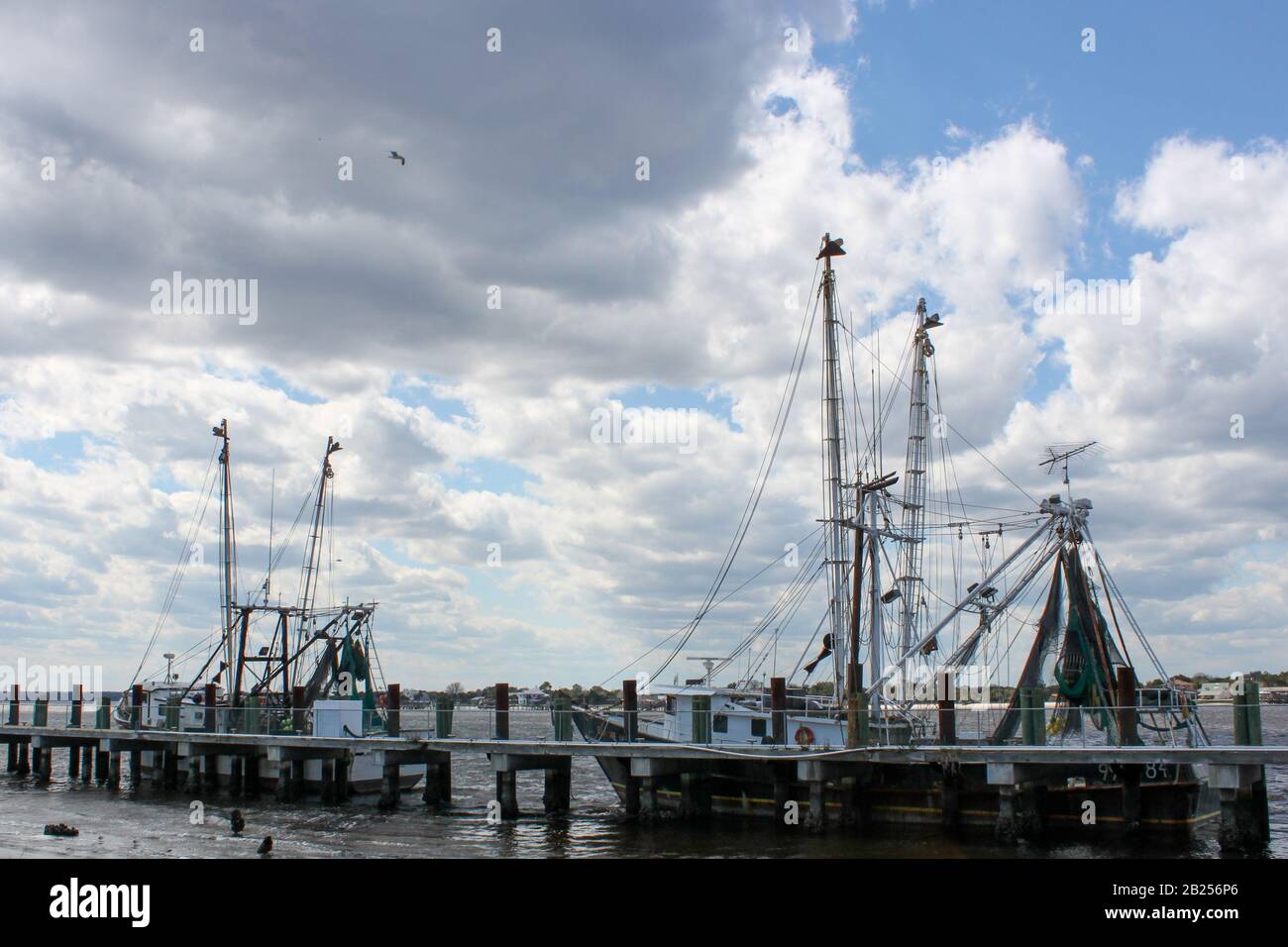 Barche di gamberetti ormeggiate sul fiume St. Johns al Mayport Village, Florida Foto Stock