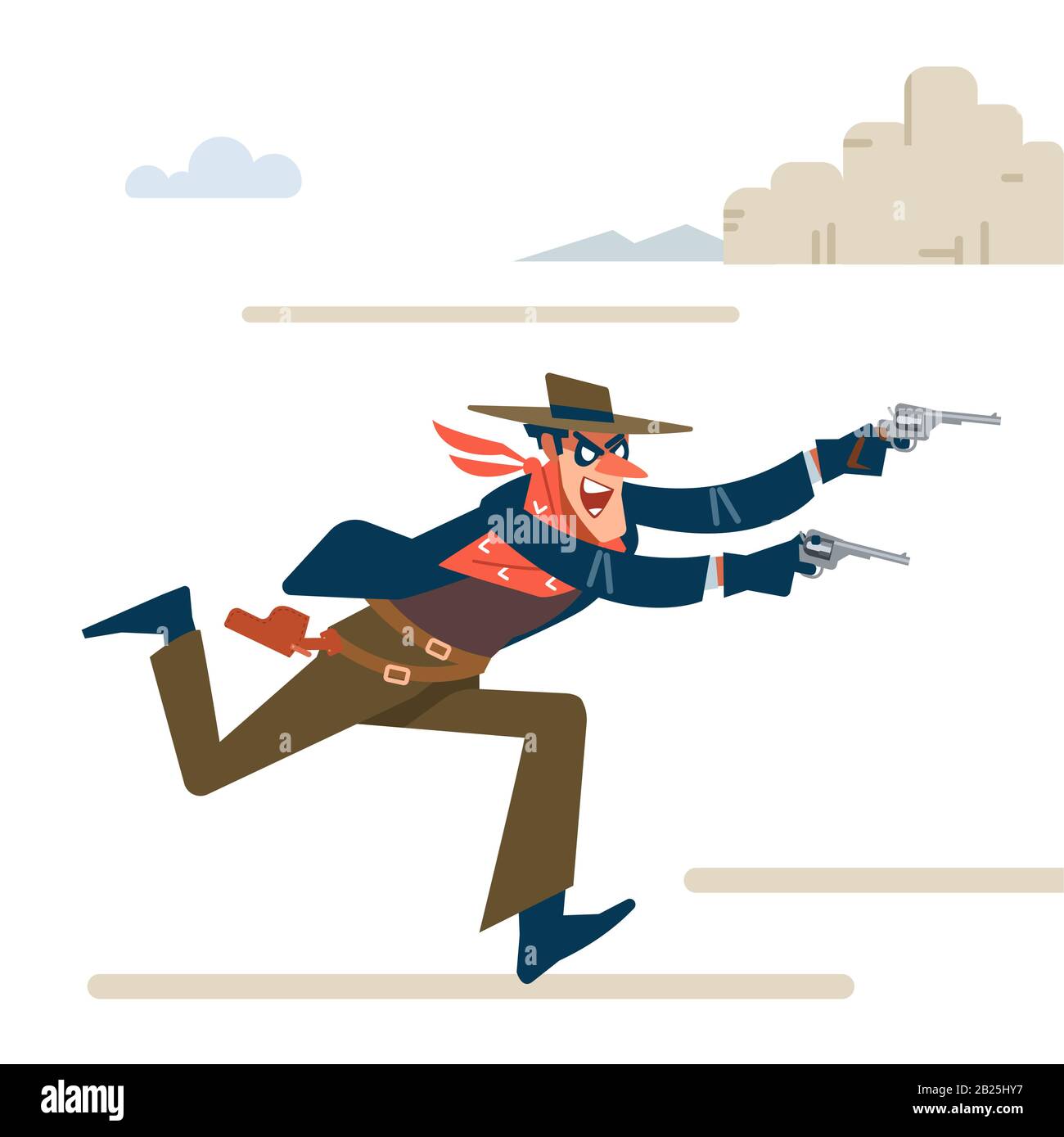 Gunslinger selvaggio ovest. Il rapinatore di Cowboy esegue attacchi e grida. Gunfighter isolato su sfondo bianco. Illustrazione di un cartone animato piatto vettoriale Illustrazione Vettoriale