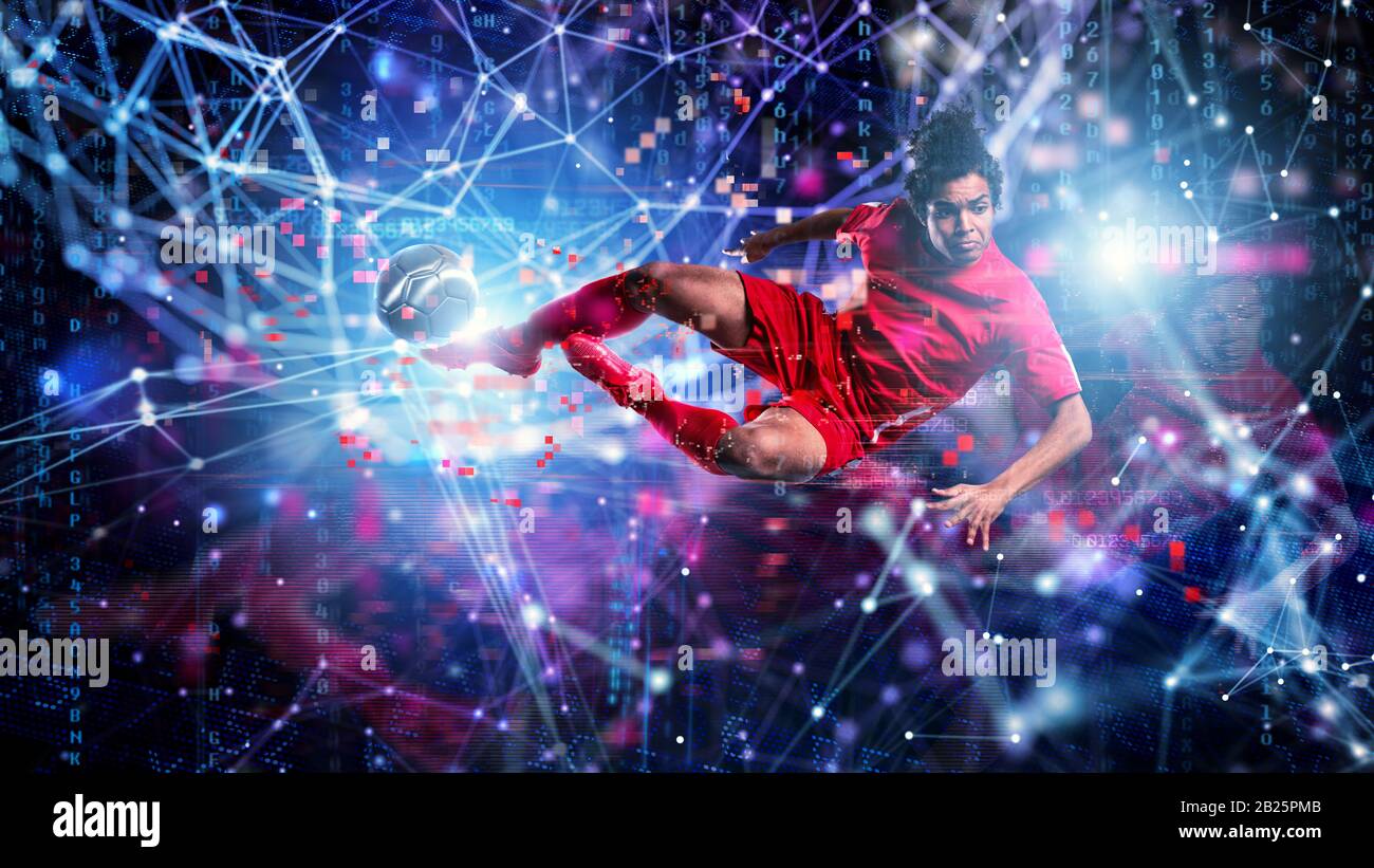 Il giocatore di calcio che salta calcia una palla. Sfondo Internet. Concetto di scommessa online Foto Stock Il giocatore di calcio che salta calcia una palla. Sfondo Internet. Concetto di scommessa online Foto Stock