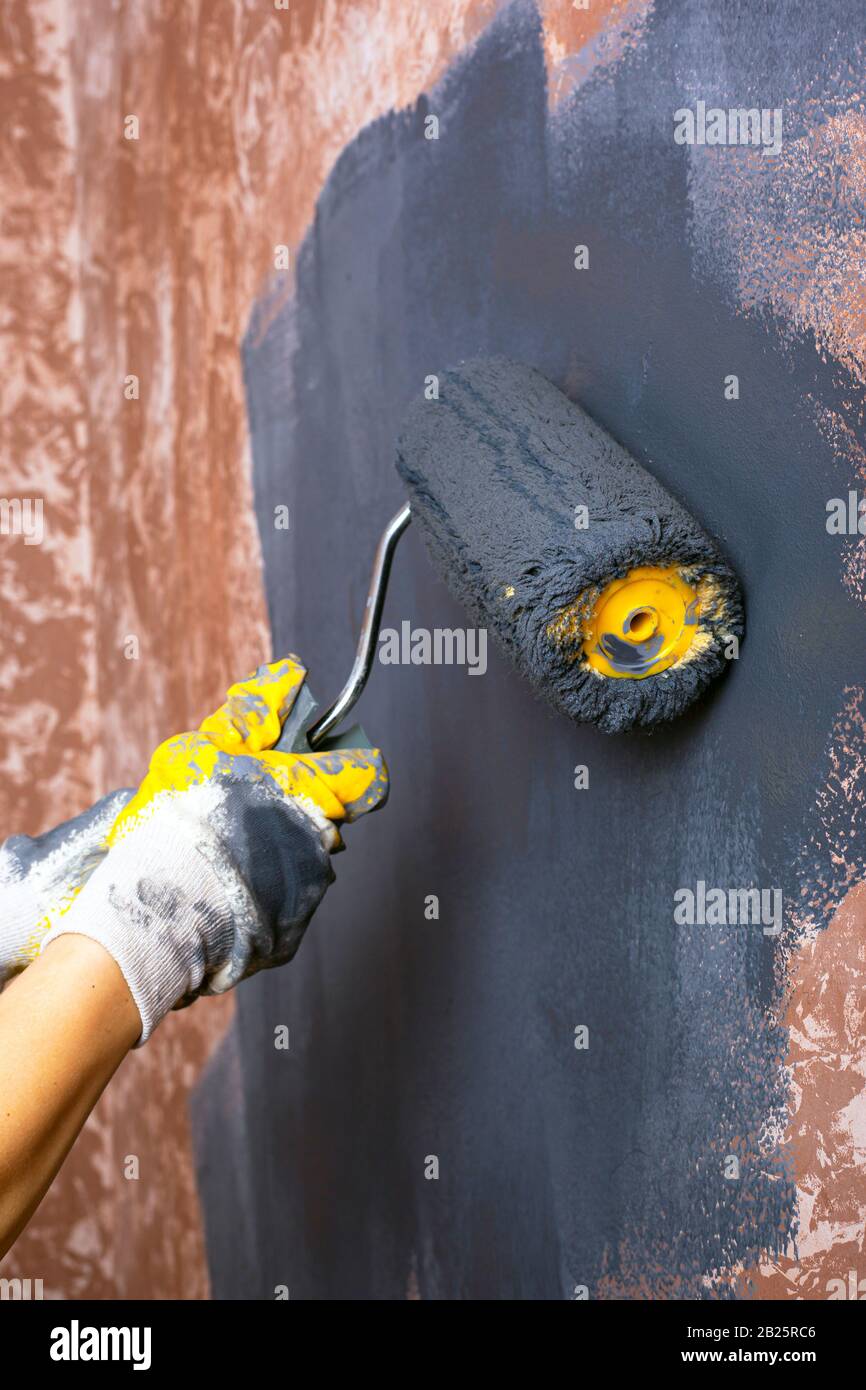 verniciare le pareti con un rullo di colore grigio. riparazioni Foto stock  - Alamy