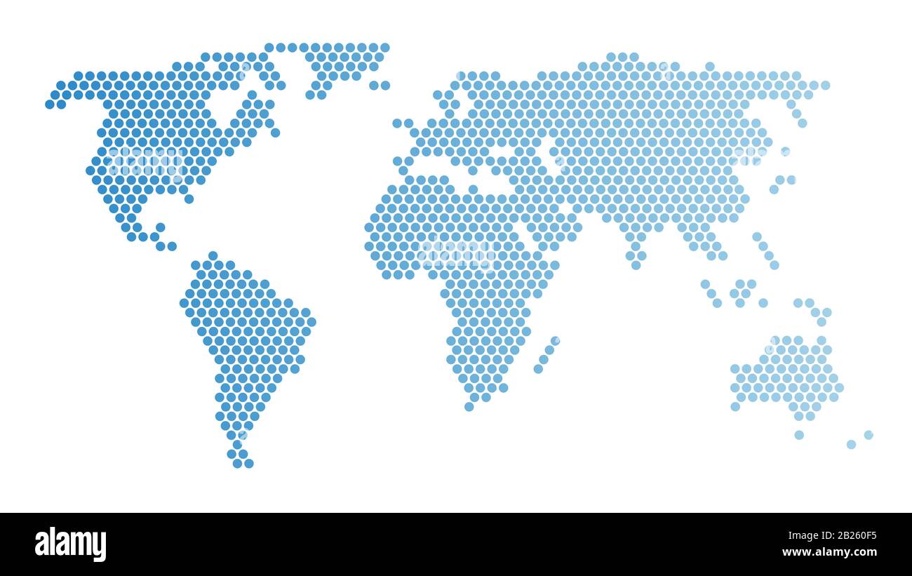 Mappa del mondo punteggiata. Punti blu sullo sfondo bianco. Stile minimalista. Foto Stock