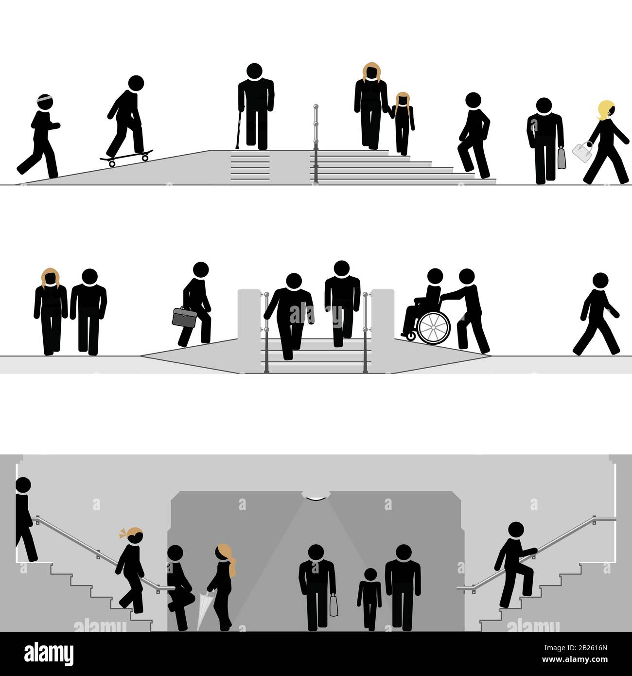 Spazi pubblici dotati di scale e rampe. Illustrazione Vettoriale