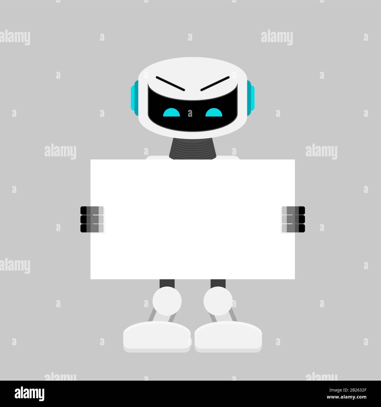 Robot tenere banner bianco, carattere ai. Cyborg robot vettoriale, robot con cartellone, illustrazione di intelligenza del meccanismo Illustrazione Vettoriale