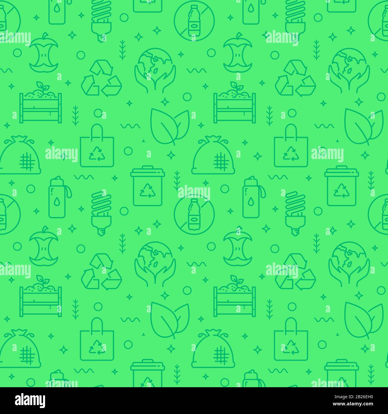 Zero scarti motivo senza giunture con icone di linea. Sfondo verde monocromatico. Riciclaggio dei rifiuti, articoli riutilizzabili, stile di vita ecologico, cura dell'ambiente. Illustrazione Vettoriale