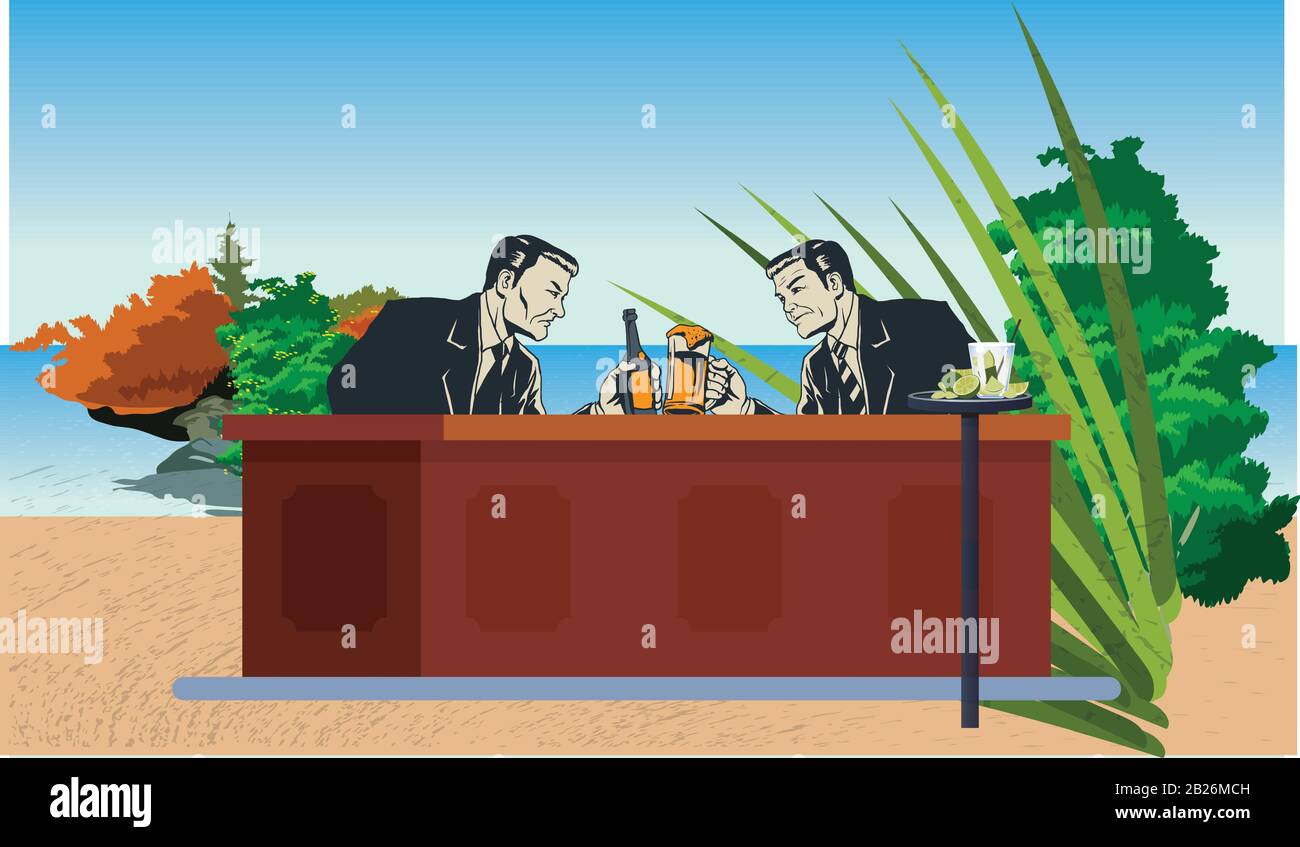 Gli uomini d'affari bevono birra sulla spiaggia Illustrazione Vettoriale