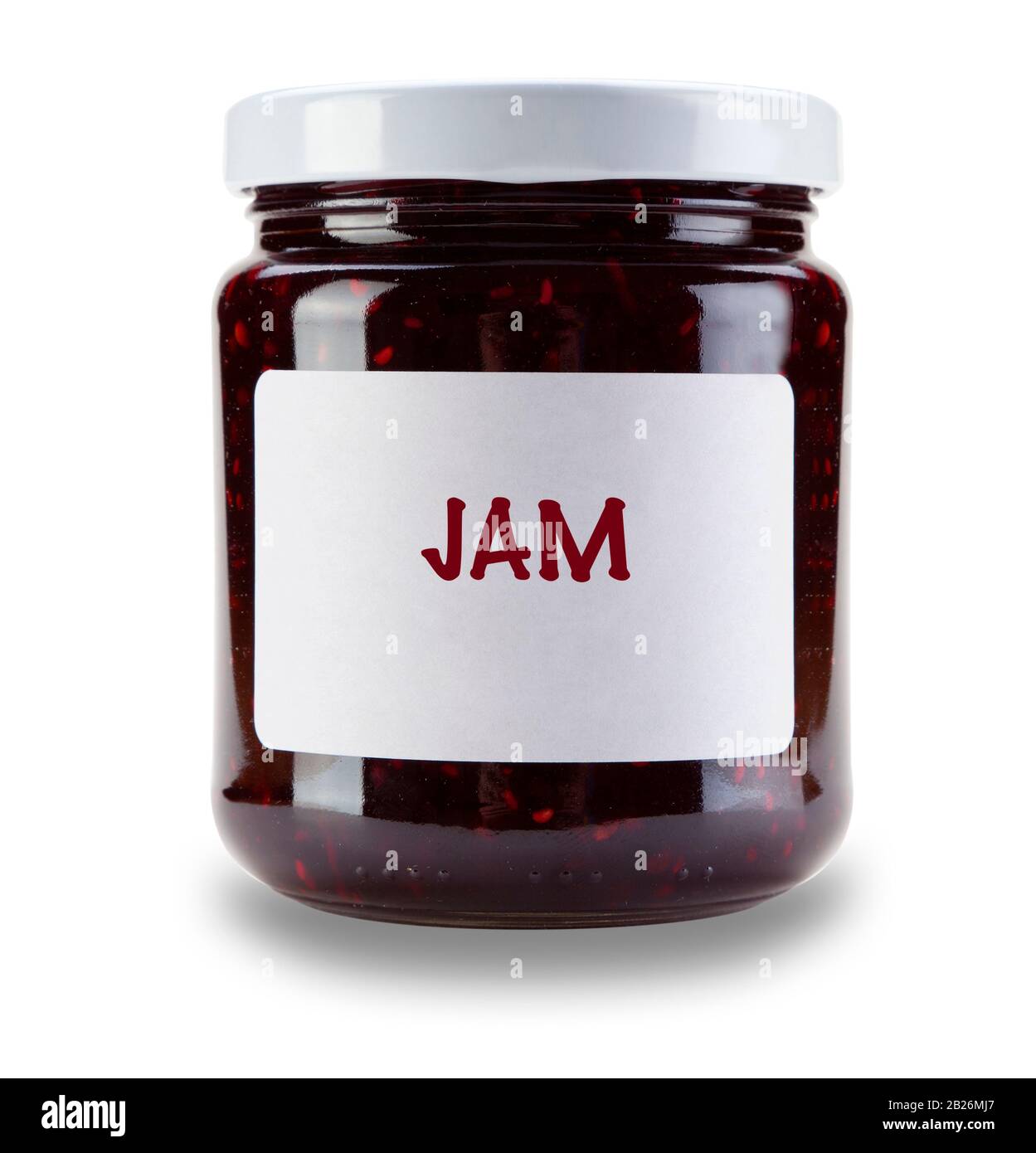 Singolo vasetto di marmellata generica, con etichetta bianca che dice marmellata, isolato su uno sfondo bianco con un'ombra goccia Foto Stock