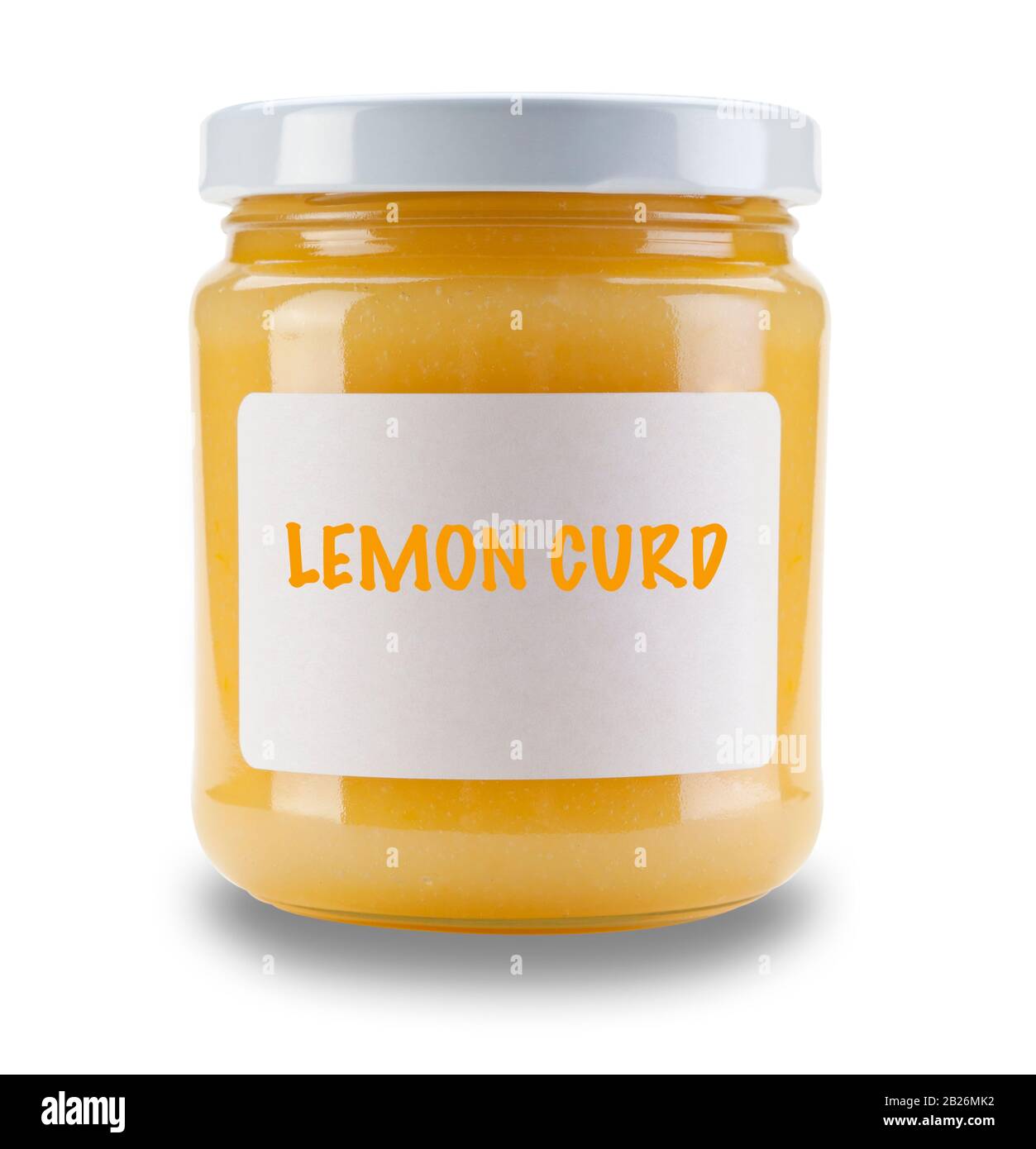 Singolo vaso di Limone Cagliata, con etichetta bianca che dice Limone Cagliata, isolato su uno sfondo bianco con una ombra goccia Foto Stock