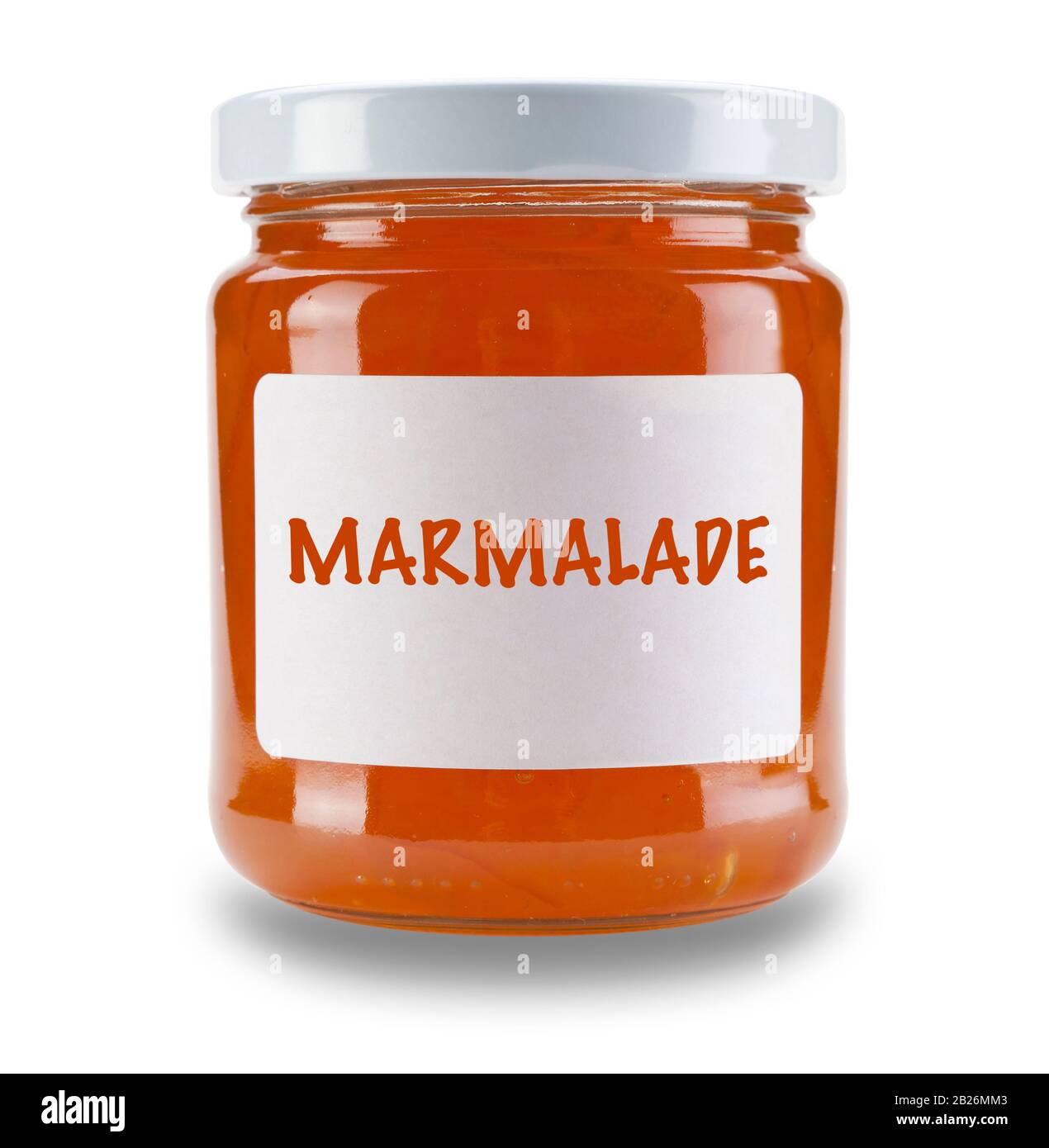 Vaso singolo di Marmalade, con etichetta bianca che dice Marmalade, isolato su uno sfondo bianco con un'ombra goccia Foto Stock