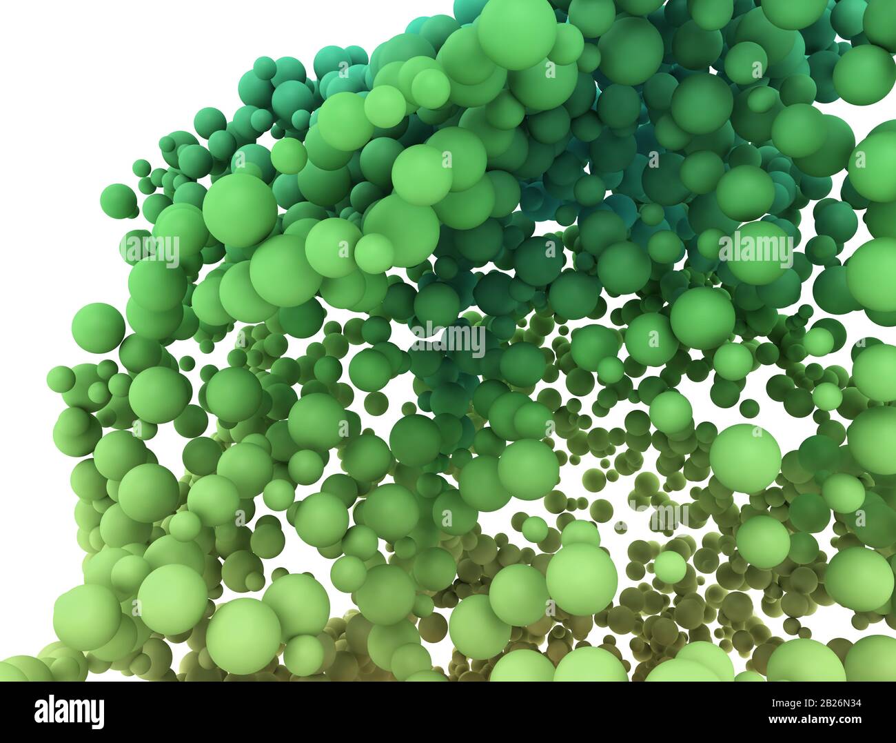 Aggregato astratto di sfere verdi isolate su sfondo bianco. rendering 3d Foto Stock