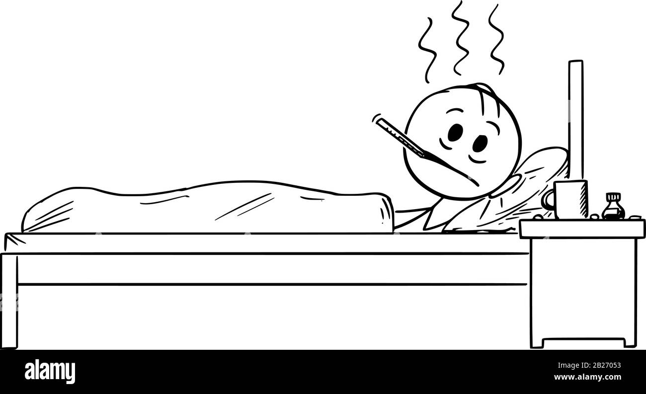 Figura del bastone del cartone animato del vettore che disegna l'illustrazione concettuale dell'uomo malato che giace nel Male con l'influenza, il freddo, l'influenza o la malattia. Illustrazione Vettoriale