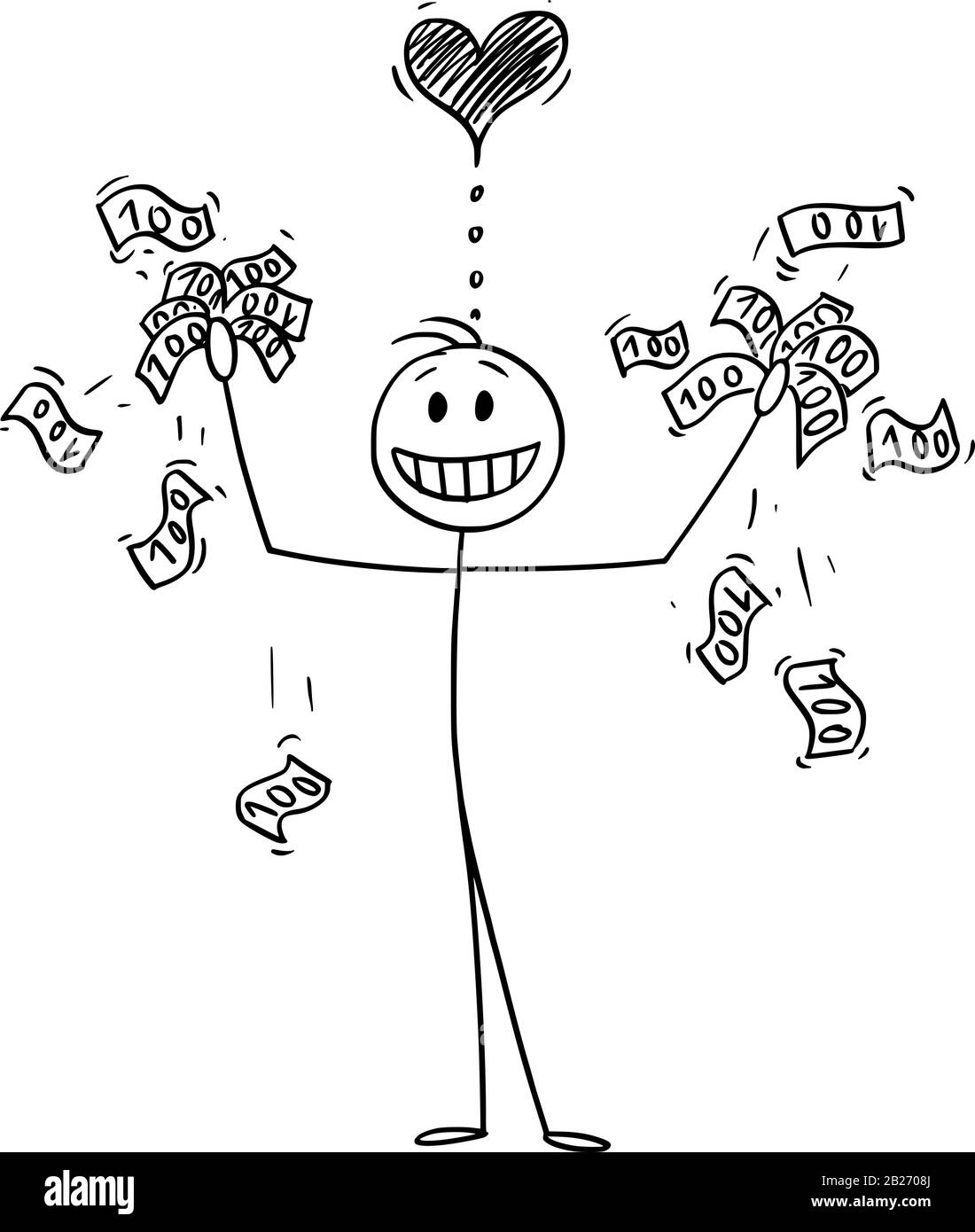 Figura del bastone del cartone animato del vettore che disegna l'illustrazione concettuale di successo del ricco uomo o del businessman che amano il denaro e che tiene le banconote o le banconote in valuta nelle mani. Illustrazione Vettoriale