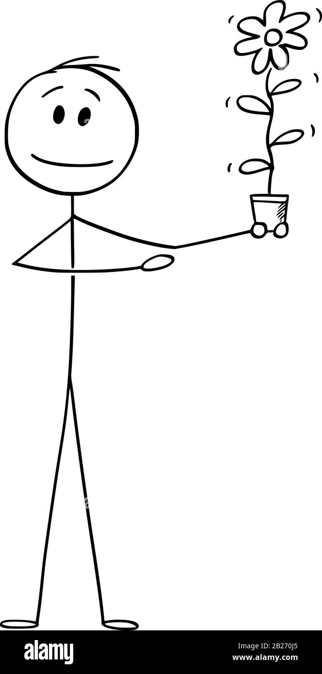 Figura del bastone del cartone animato del vettore che disegna l'illustrazione concettuale dell'uomo o dell'uomo d'affari che tiene il fiore nel vaso e che punta ad esso. Concetto di successo, ricompensa, investimento o profitto. Illustrazione Vettoriale