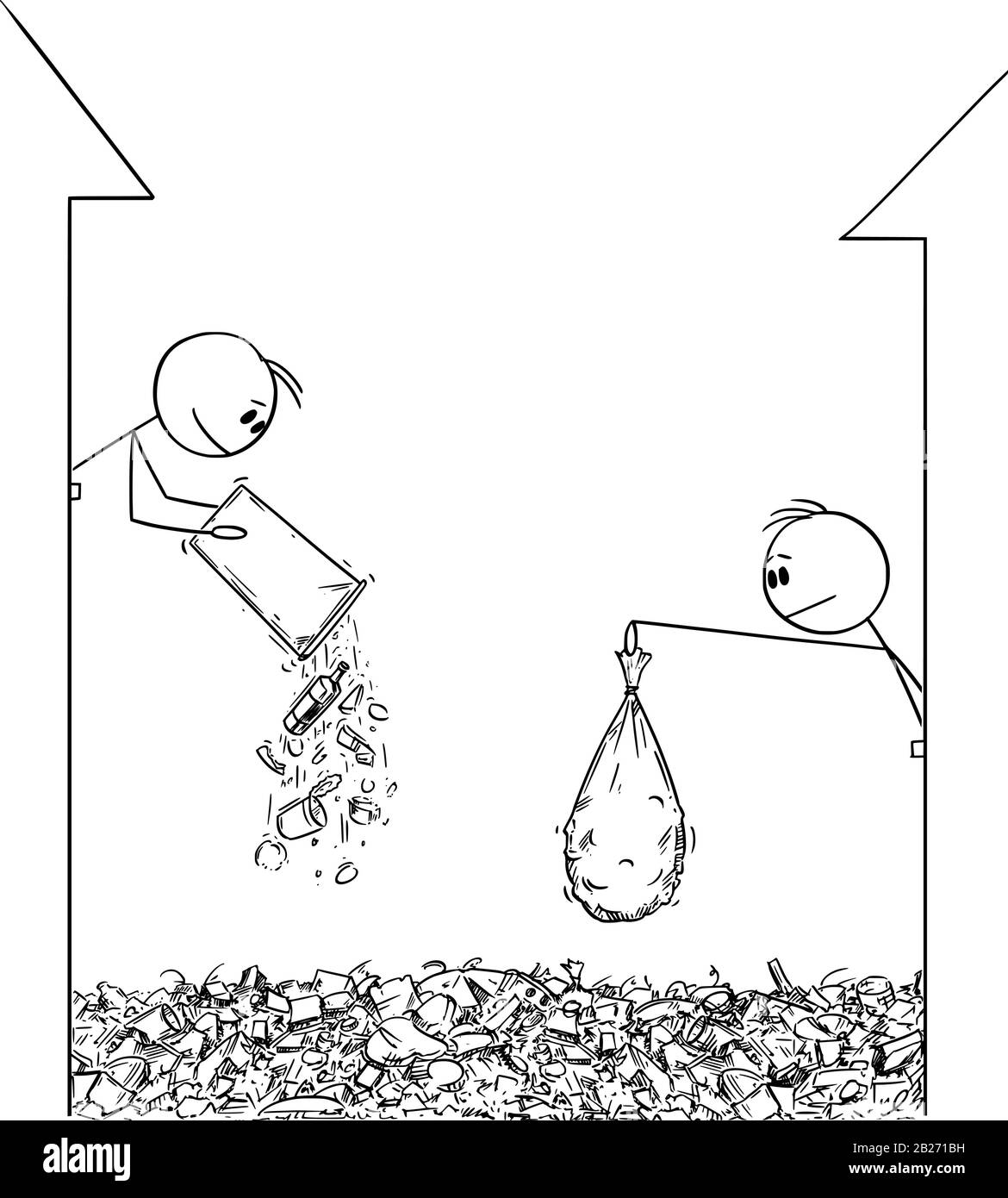 Figura del fumetto vettoriale che disegna l'illustrazione concettuale della gente che getta lo spreco dalla finestra sulla strada. Città sovraccaricata da immondizia. Illustrazione Vettoriale