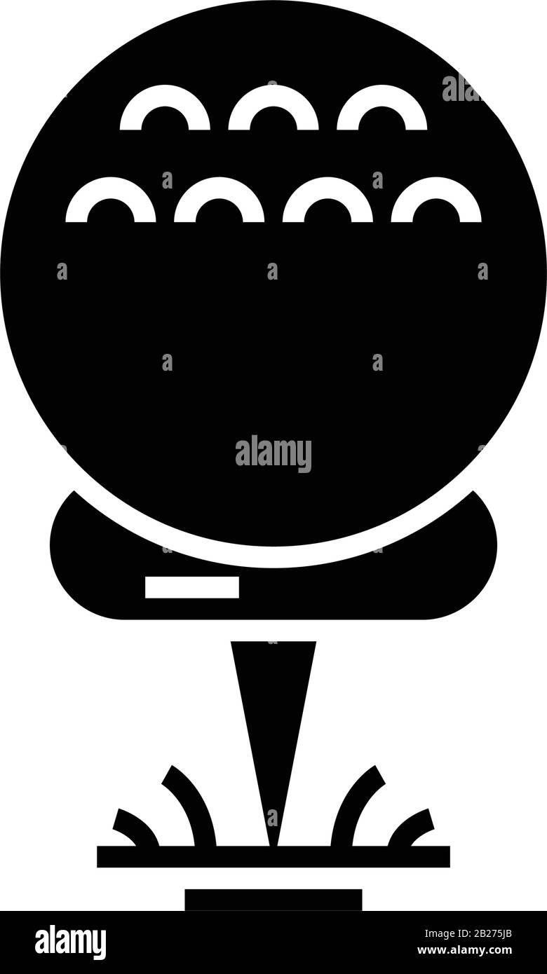 Icona nera della palla da golf, illustrazione concettuale, simbolo piatto vettoriale, simbolo glifo. Illustrazione Vettoriale
