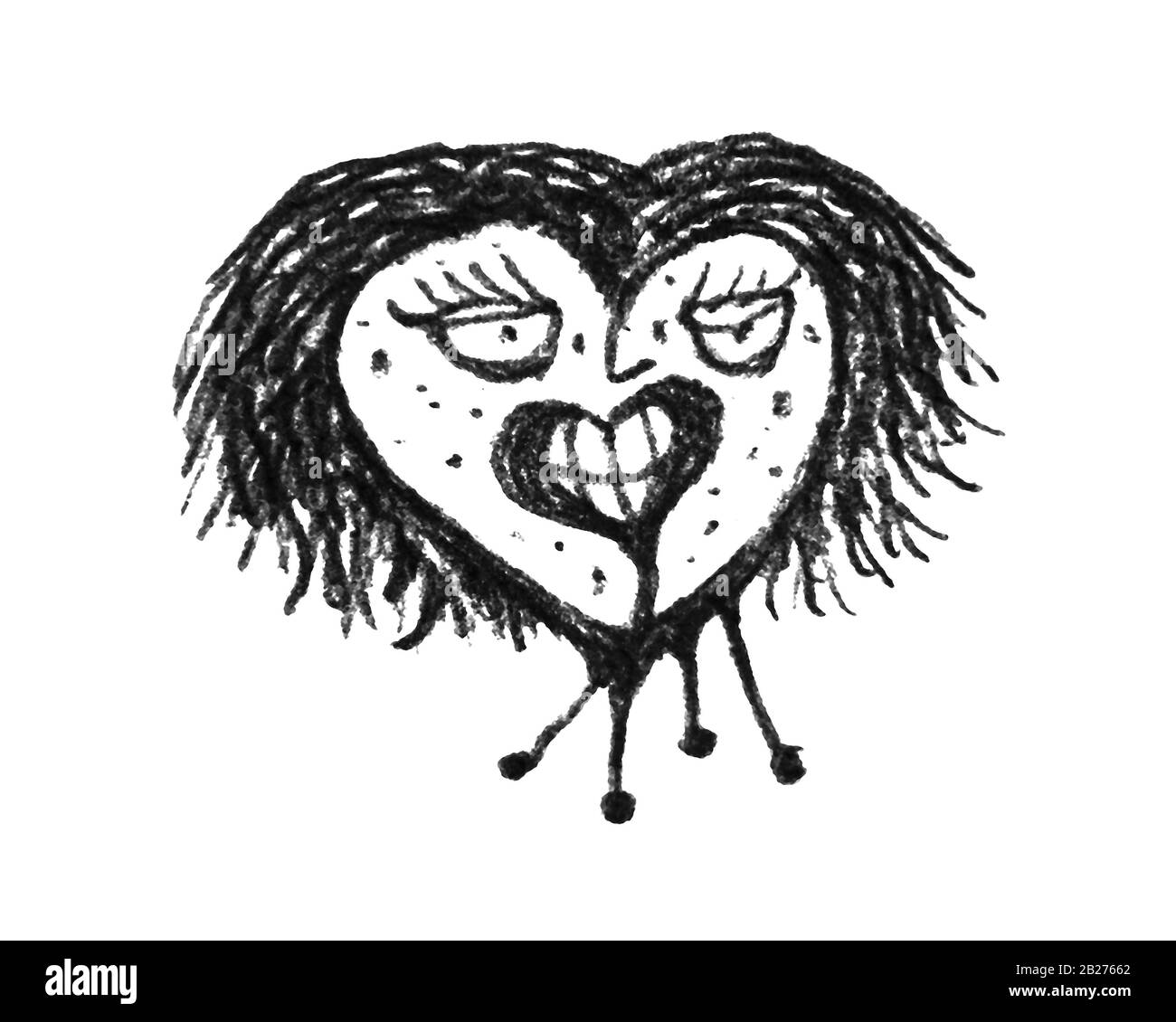 Disegno di carattere di concetto del cuore infettato nero e bianco illustrazione Foto Stock