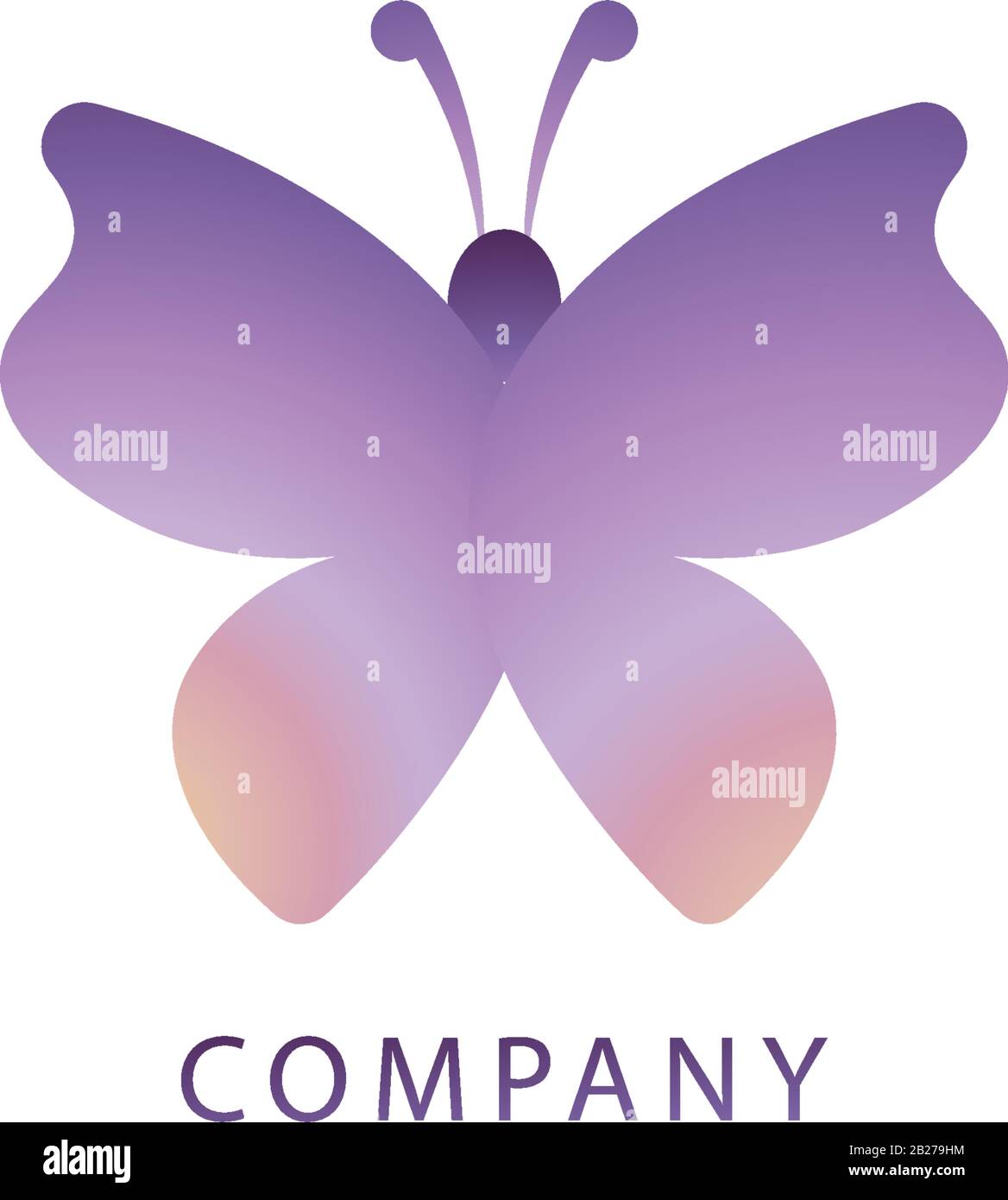 Disegno astratto del logo Butterfly illustrato dall'alto. Concetto di logo animale Isolato su sfondo bianco. Colore Di Gradazione Violet Beige. Illustrazione Vettoriale