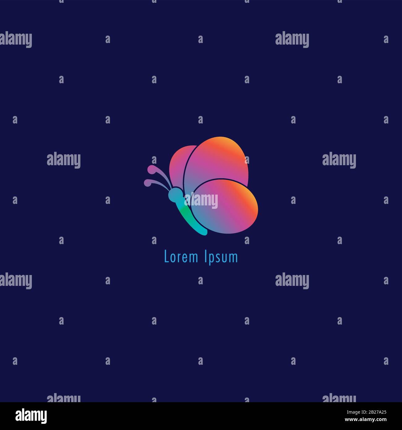 Astratta Flying Neon Butterfly con ali arrotondate. Concetto Di Logo Animale Isolato Su Sfondo Blu Scuro. Colore Arancione Rosa Viola Tosca Blu Gradazione Illustrazione Vettoriale