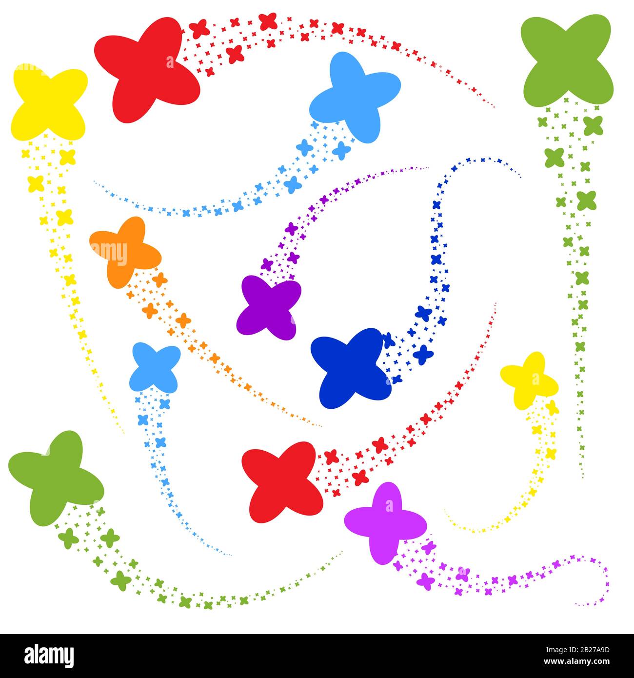 Un insieme di flussi luminosi di stelle astratte sotto forma di croce. Silhouette colorata. Semplice immagine vettoriale piatta isolata su sfondo bianco. Illustrazione Vettoriale