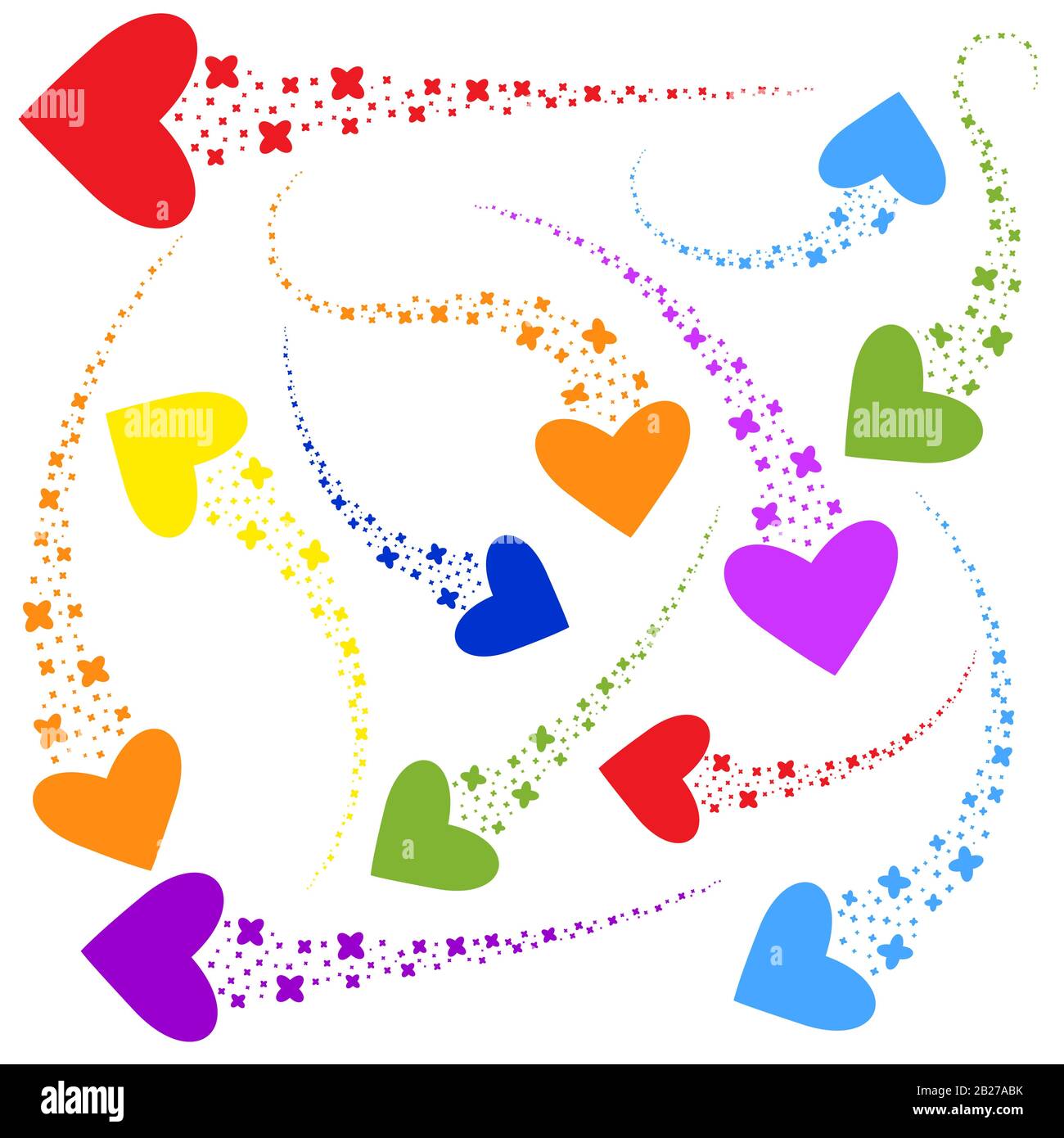 Un insieme di flussi luminosi di stelle astratte a forma di cuore. Silhouette colorata. Semplice immagine vettoriale piatta isolata su sfondo bianco Illustrazione Vettoriale
