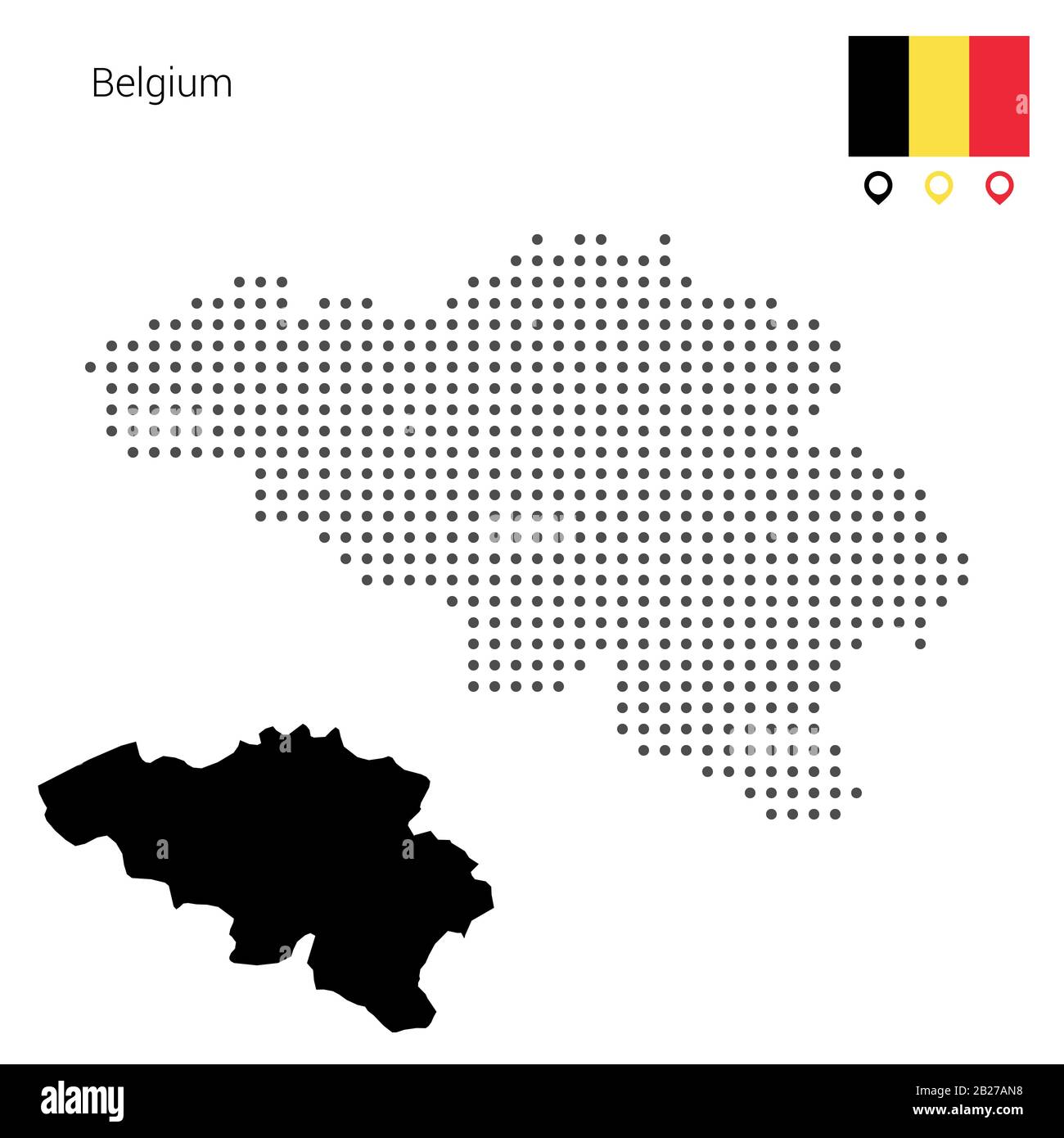 Mappa del Belgio vettore punteggiato, con bandiera e pin. Illustrazione per web design, carta da parati, volantini, riprese, poster, brochure, banner. Illustrazione Vettoriale