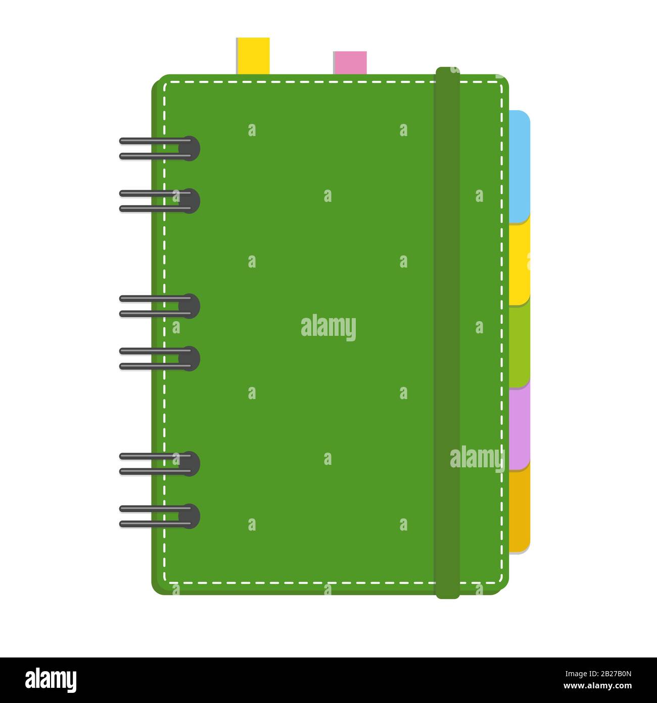 Notebook a colori chiuso su una spirale con segnalibri. Semplice immagine vettoriale piatta isolata su sfondo bianco. Illustrazione Vettoriale