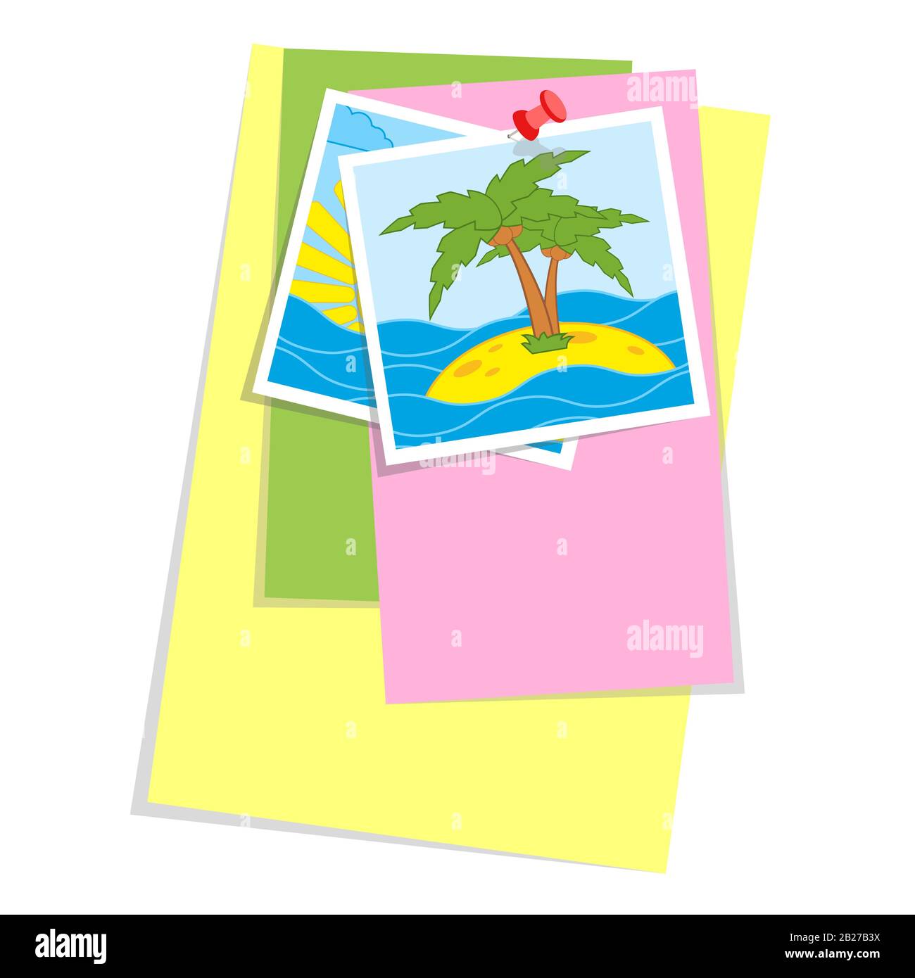 Una serie di fogli adesivi colorati per ufficio e foto allegate a un pulsante chierico. Semplice immagine vettoriale piatta isolata su sfondo bianco. Illustrazione Vettoriale