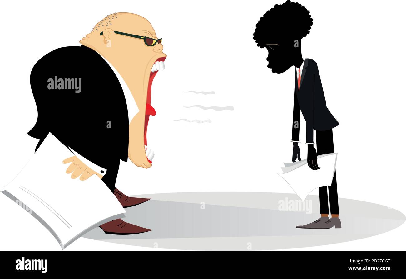 Il capo caucasico arrabbiato scola il suo impiegato africano che appende la sua testa e le mani isolate su illustrazione bianca Illustrazione Vettoriale