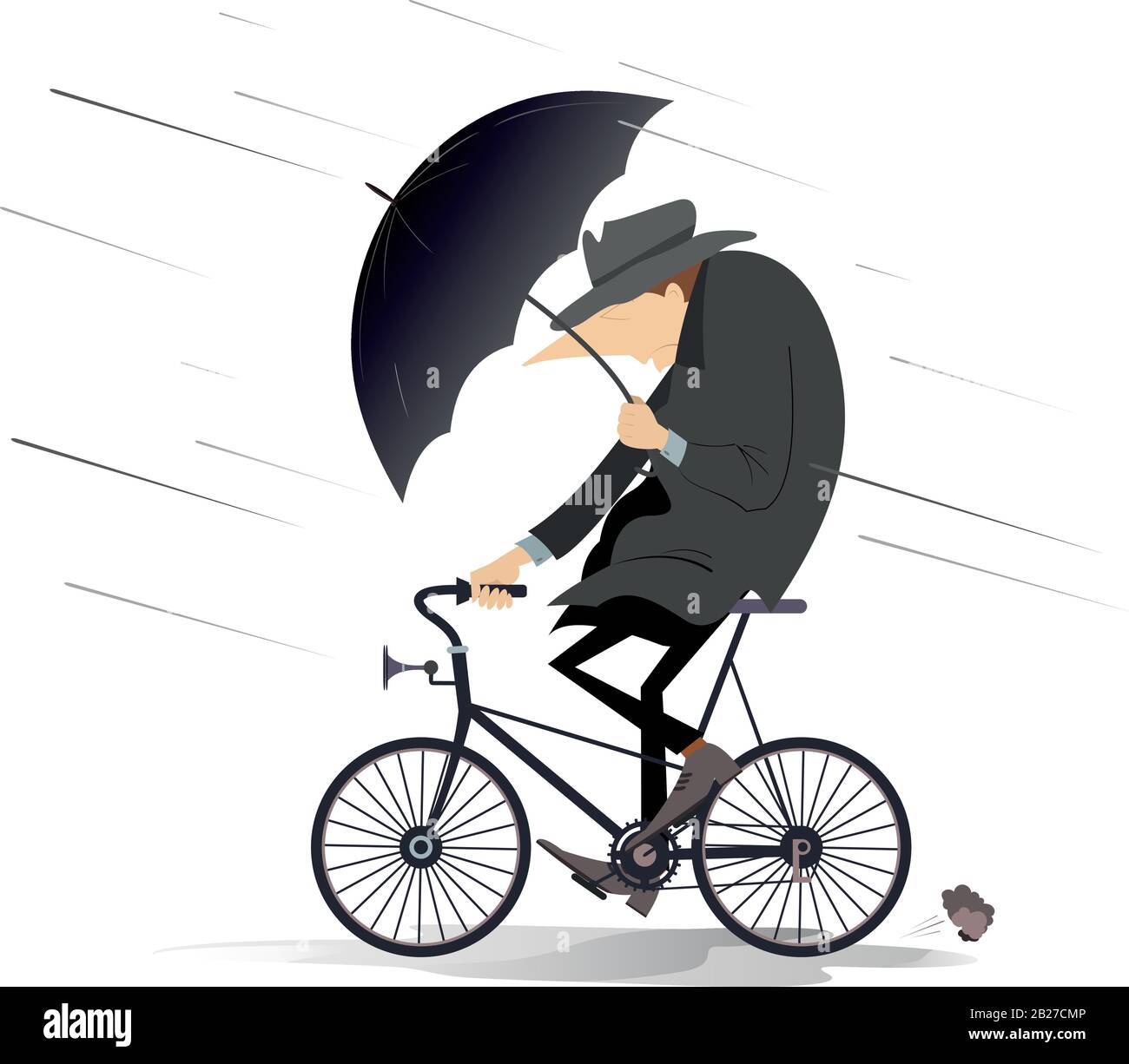 L'uomo con un ombrello guida una bicicletta sotto forte vento e pioggia  isolato su illustrazione bianca Immagine e Vettoriale - Alamy
