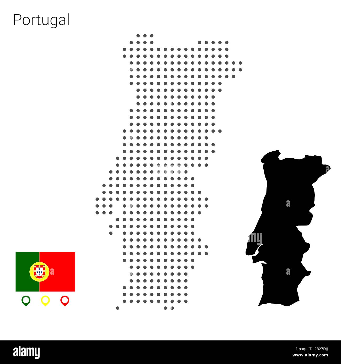 Mappa del vettore portoghese punteggiato, con bandiera e pin. Illustrazione per web design, carta da parati, volantini, riprese, poster, brochure, banner. Illustrazione Vettoriale