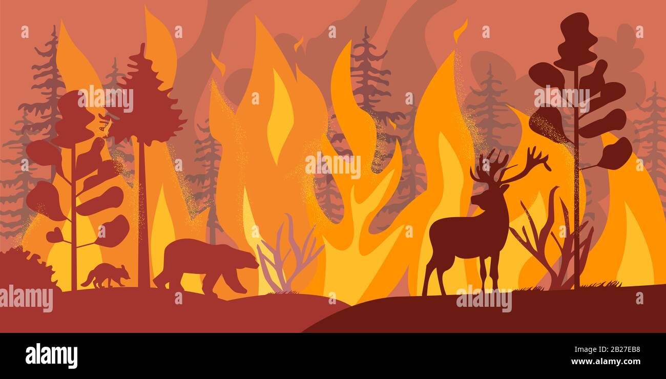 Silhouette di animali selvatici a fuoco foresta vettore piatto illustrazione Illustrazione Vettoriale
