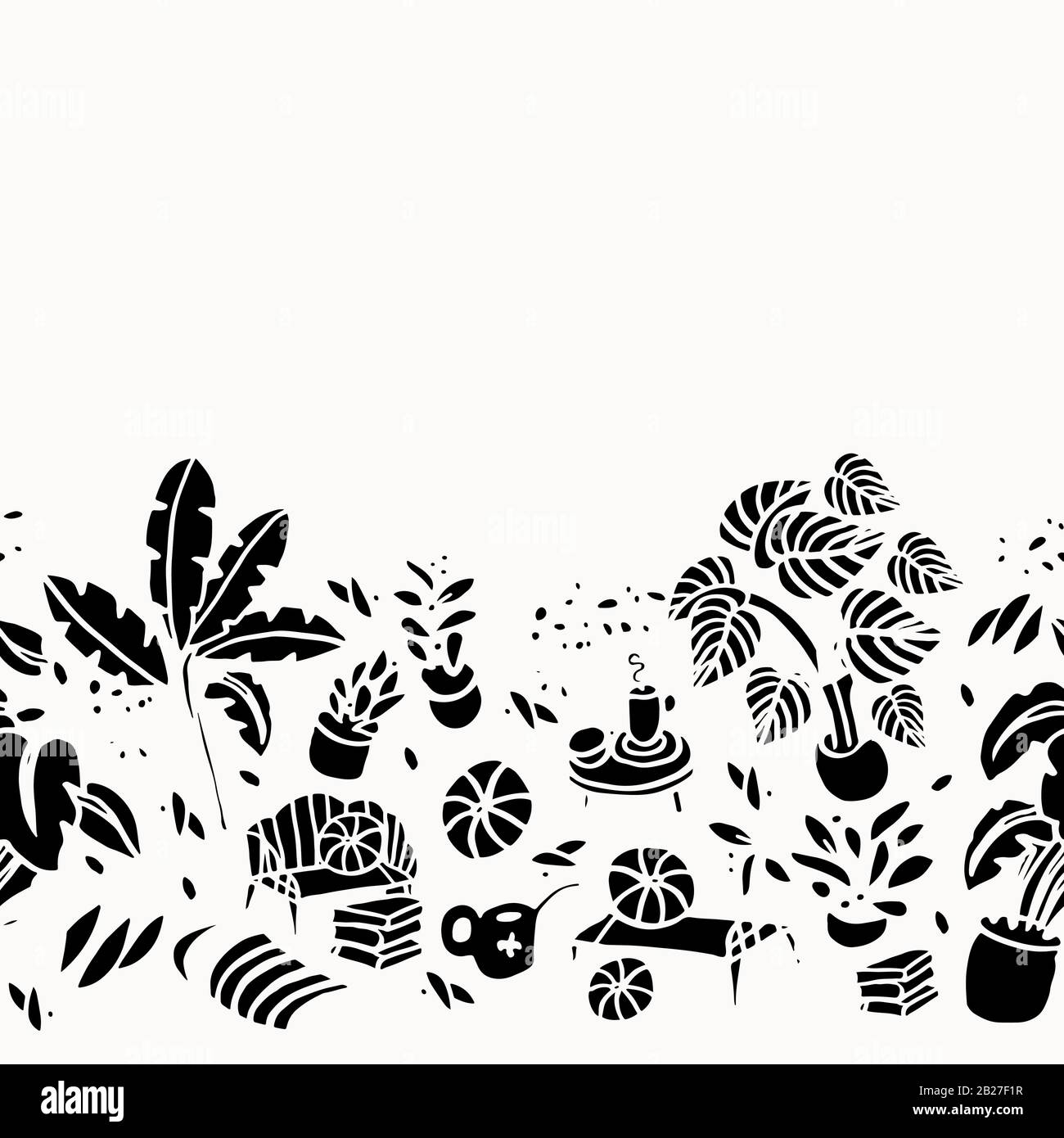 Fresco hygge leisure stile di vita confine con la moderna floreale e forma in bianco e nero. Elegante schema di piante tropicali. Disegno di disegno di disegno di superficie. Illustrazione Vettoriale
