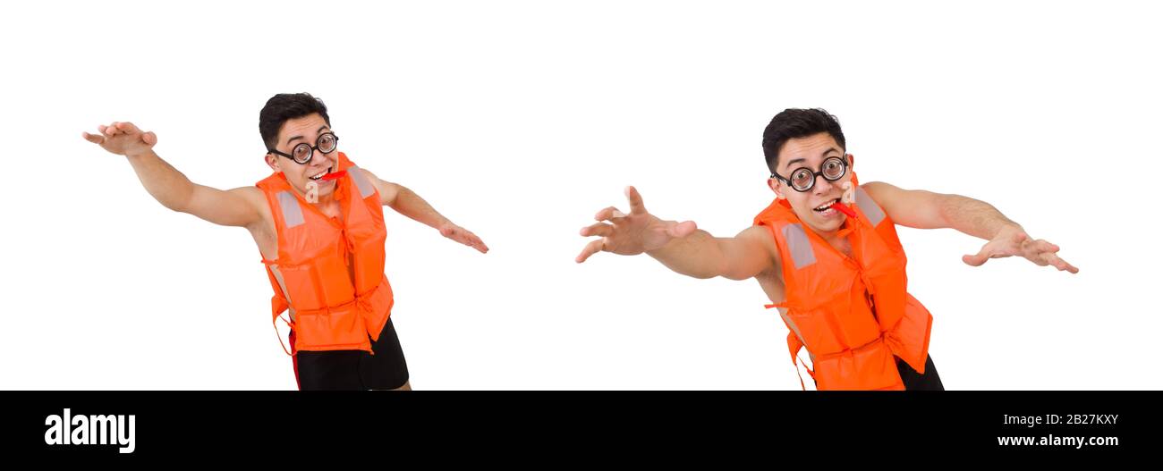 Il funny man indossando orange giubbotto di sicurezza Foto Stock